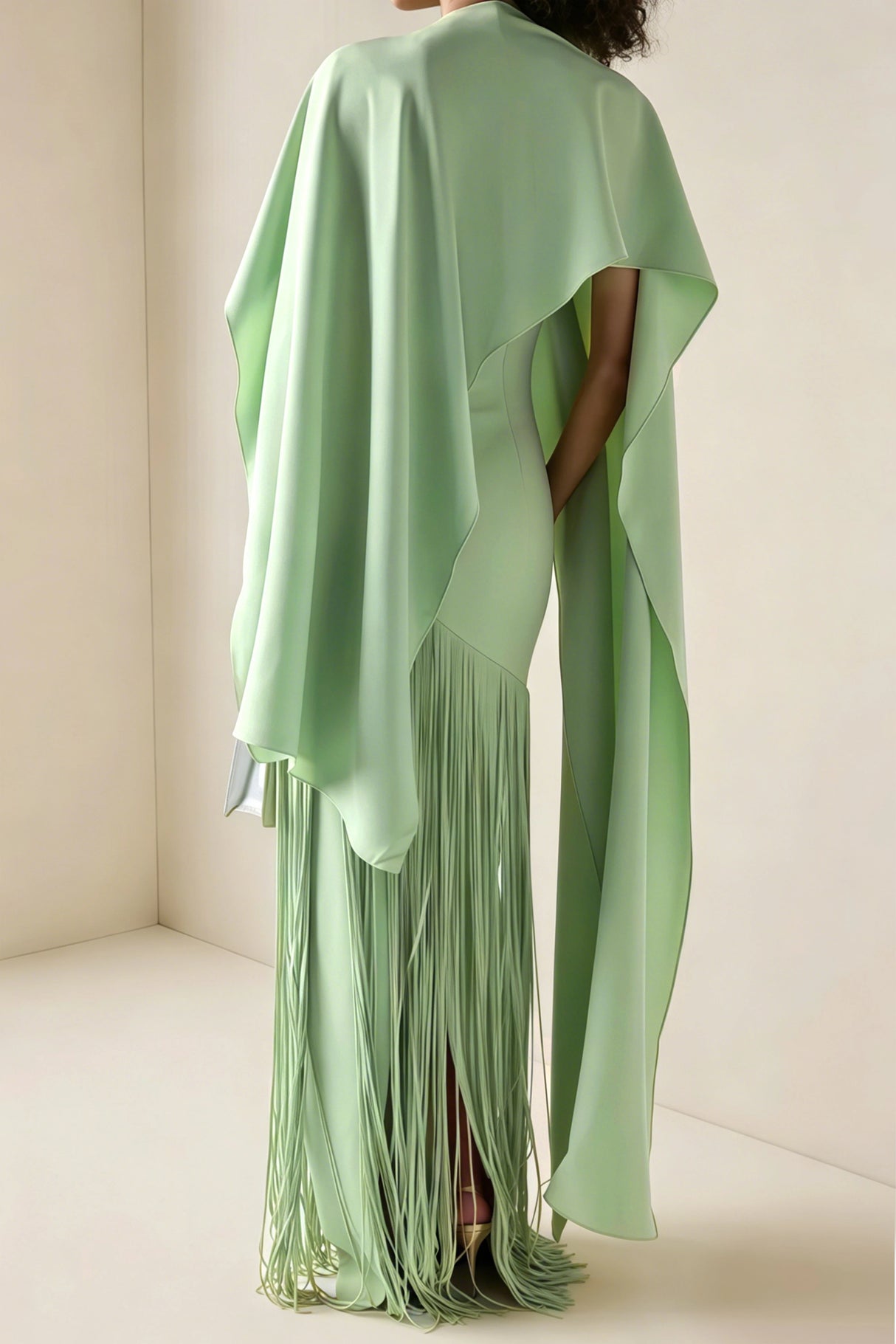 Cayetana Emerald Green Fringe Maxi Dress with Cape Effect