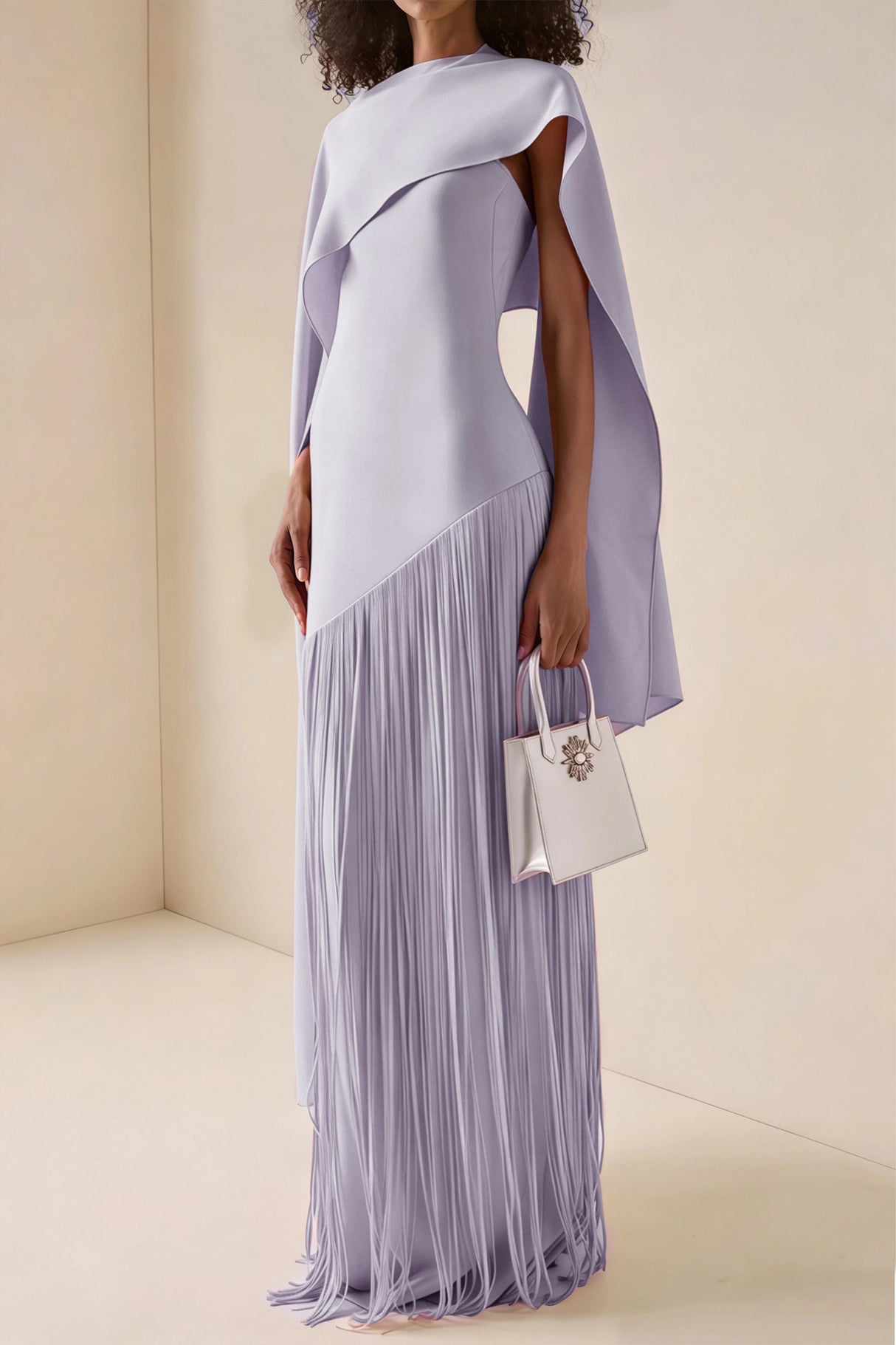 Cayetana Lilac Fringe Maxi Dress with Cape Effect