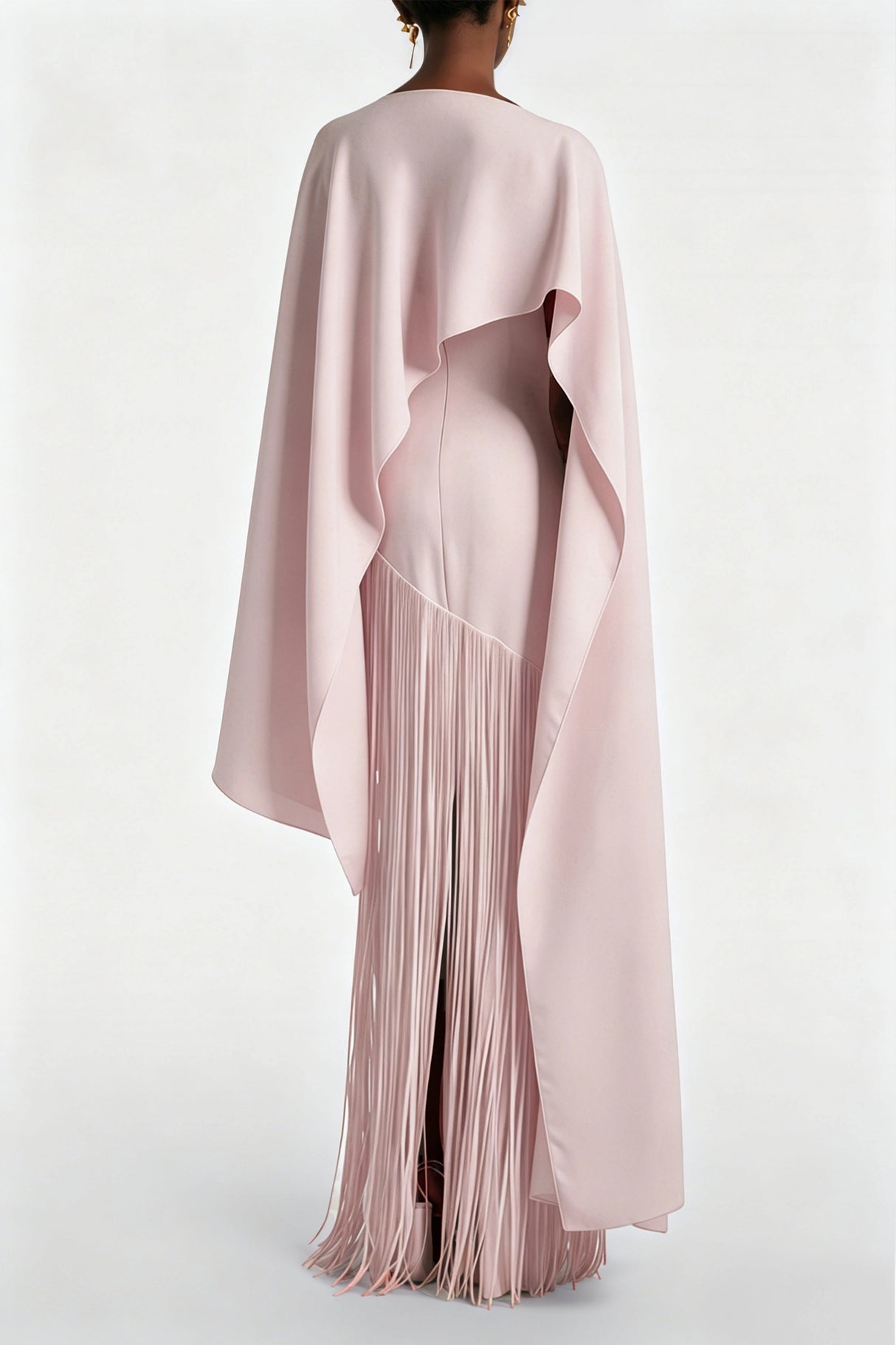 Cayetana Nude Pink Fringe Maxi Dress with Cape Effect