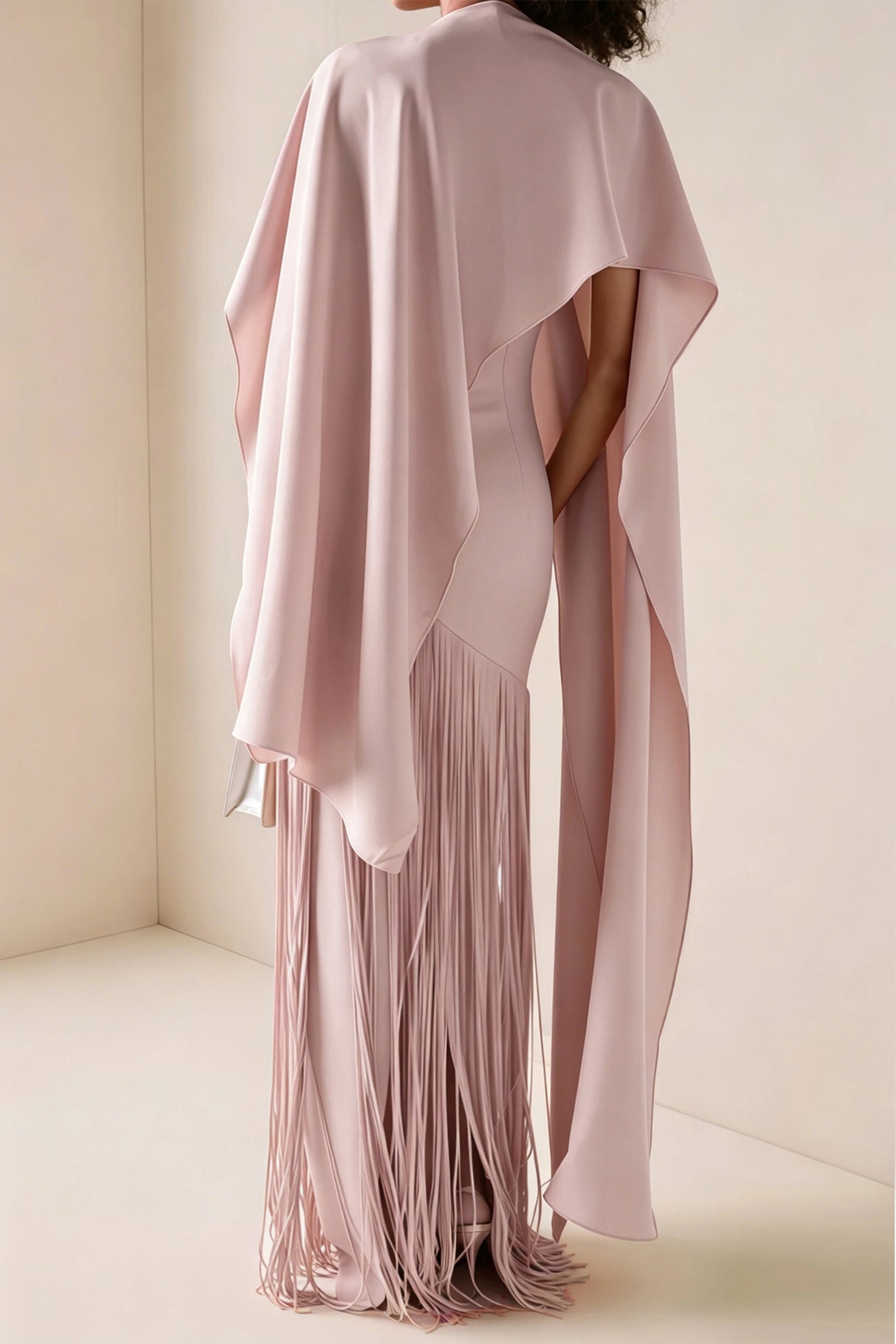 Cayetana Nude Pink Fringe Maxi Dress with Cape Effect