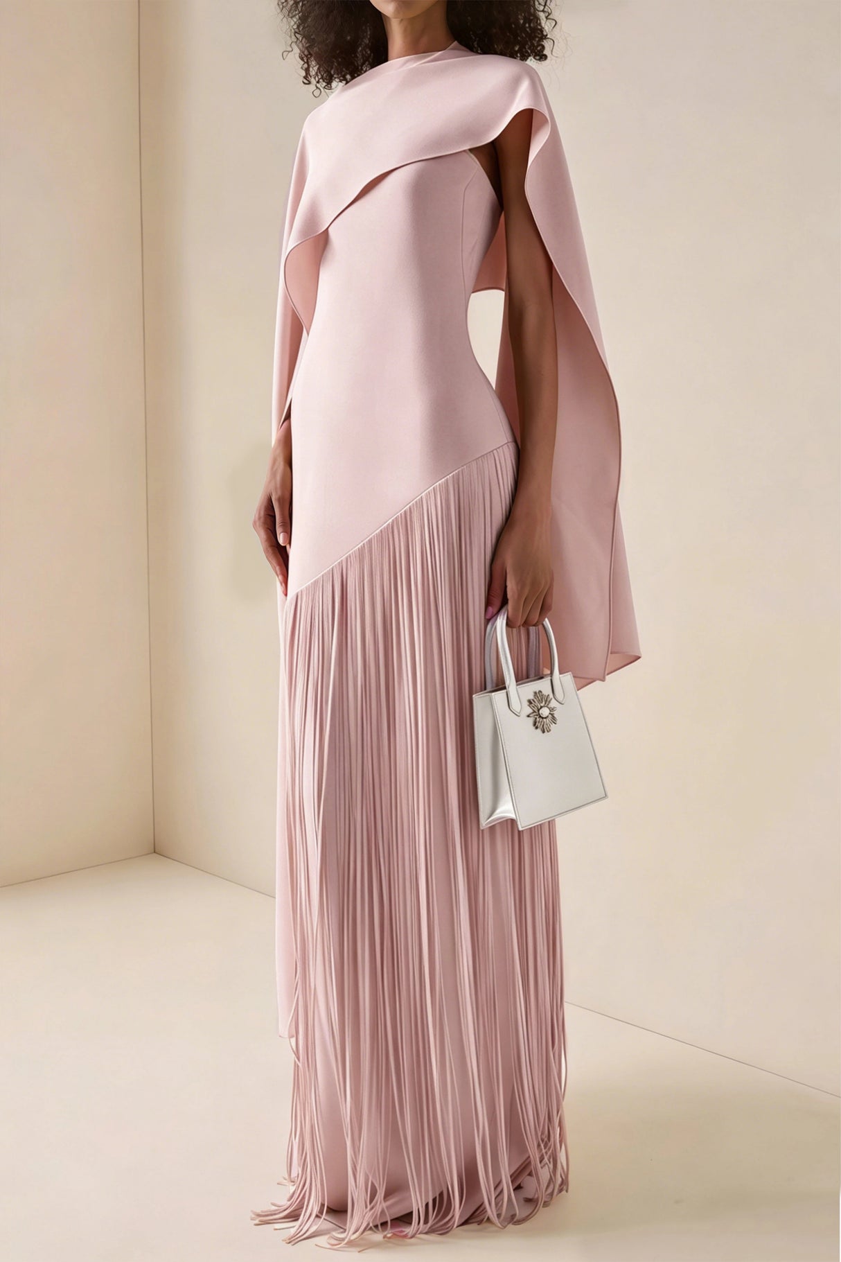 Cayetana Nude Pink Fringe Maxi Dress with Cape Effect