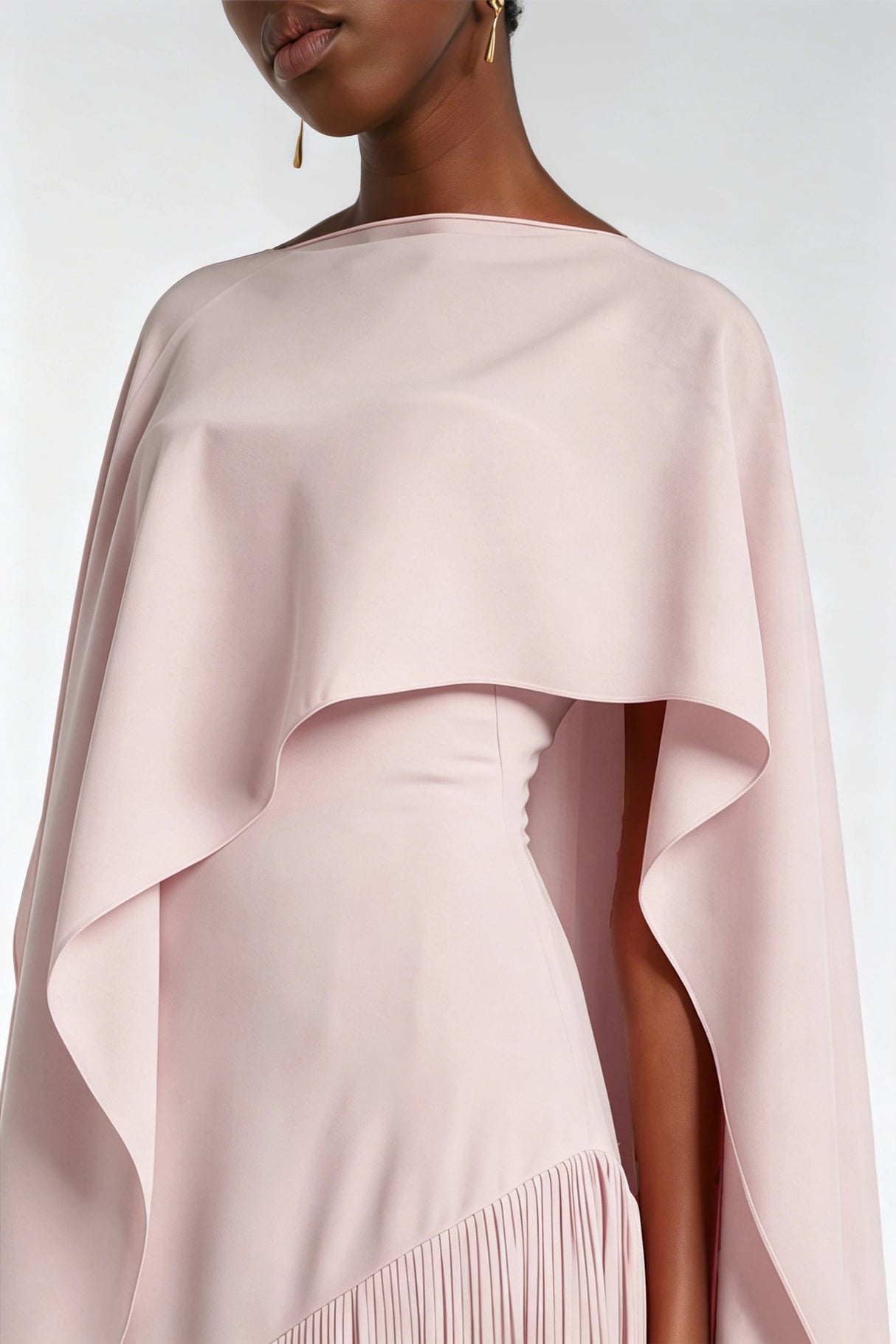 Cayetana Nude Pink Fringe Maxi Dress with Cape Effect
