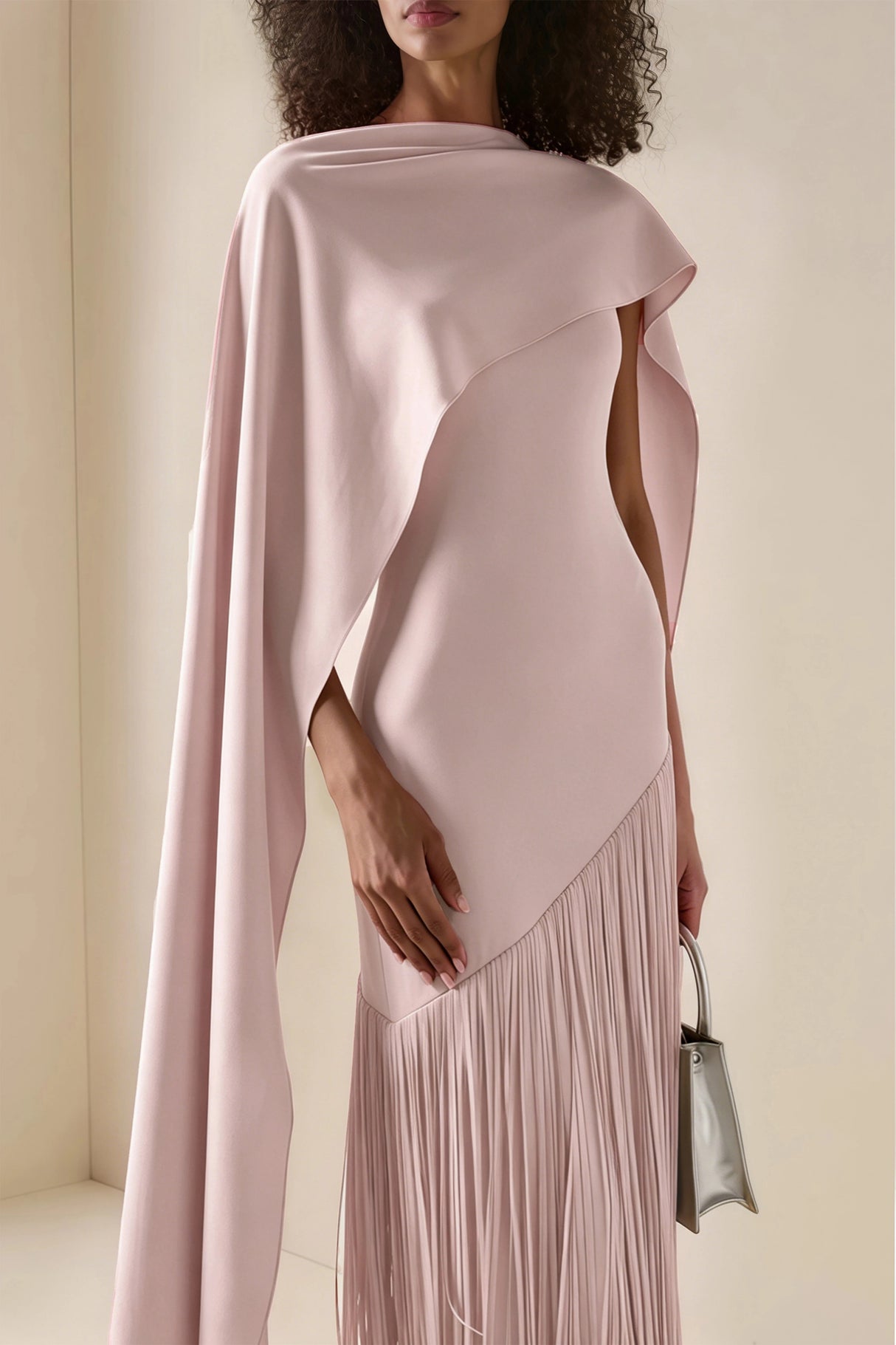Cayetana Nude Pink Fringe Maxi Dress with Cape Effect