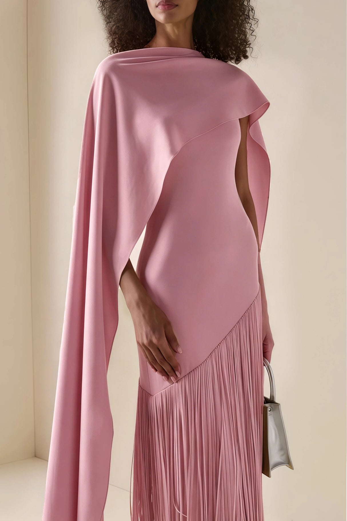 Cayetana Pink Fringe Maxi Dress with Cape Effect