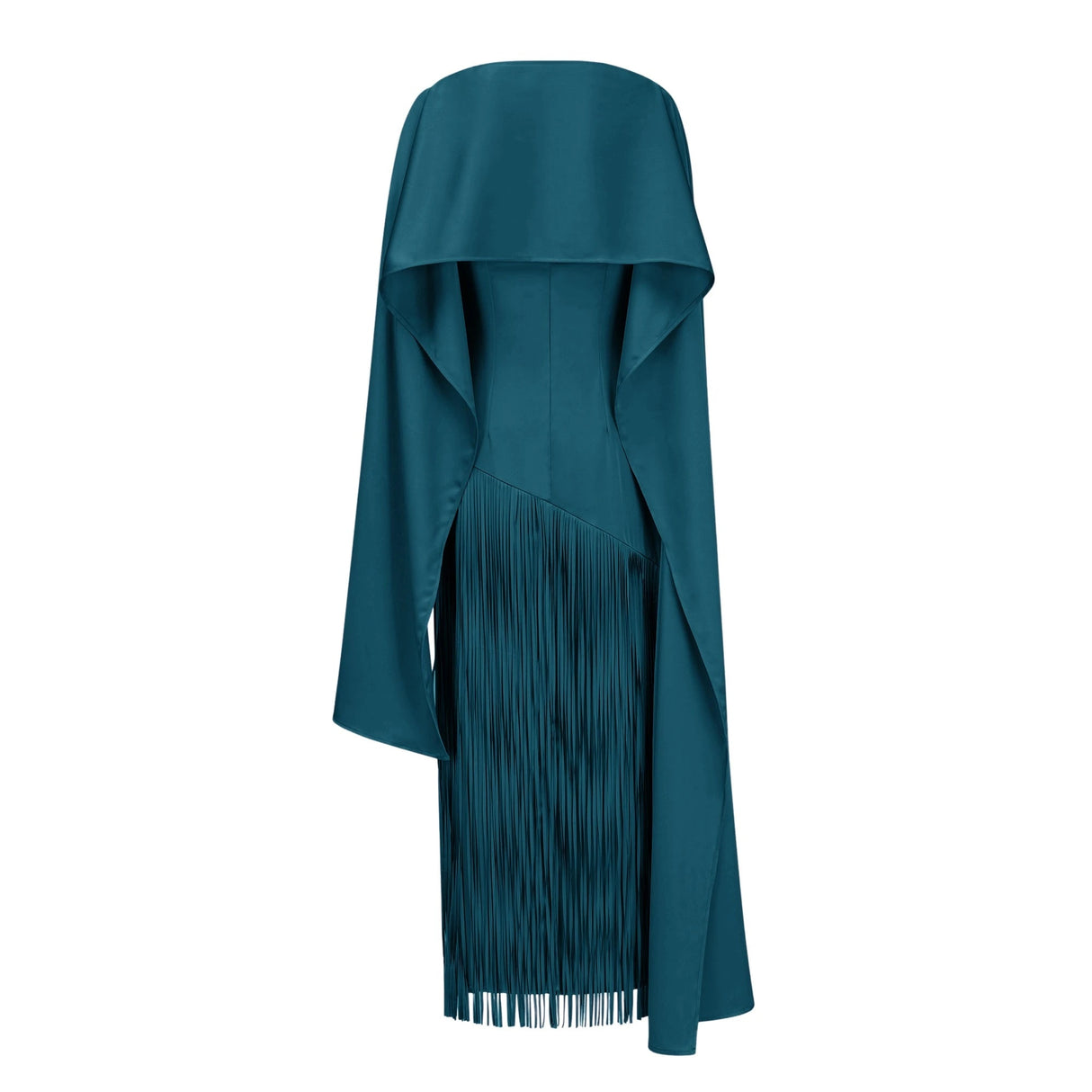 Cayetana Teal Fringe Maxi Dress with Cape Effect