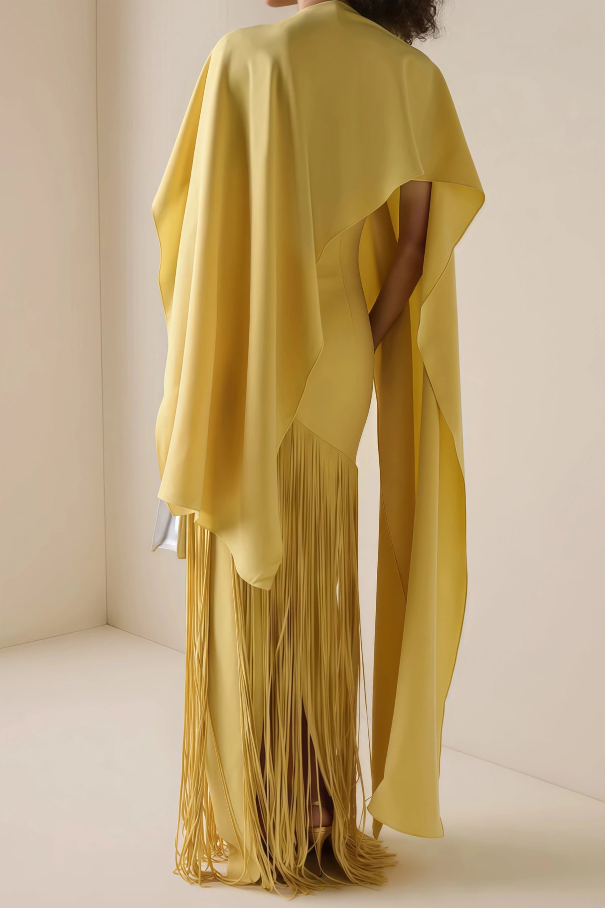 Cayetana Yellow Fringed Maxi Dress with Shawl Detail