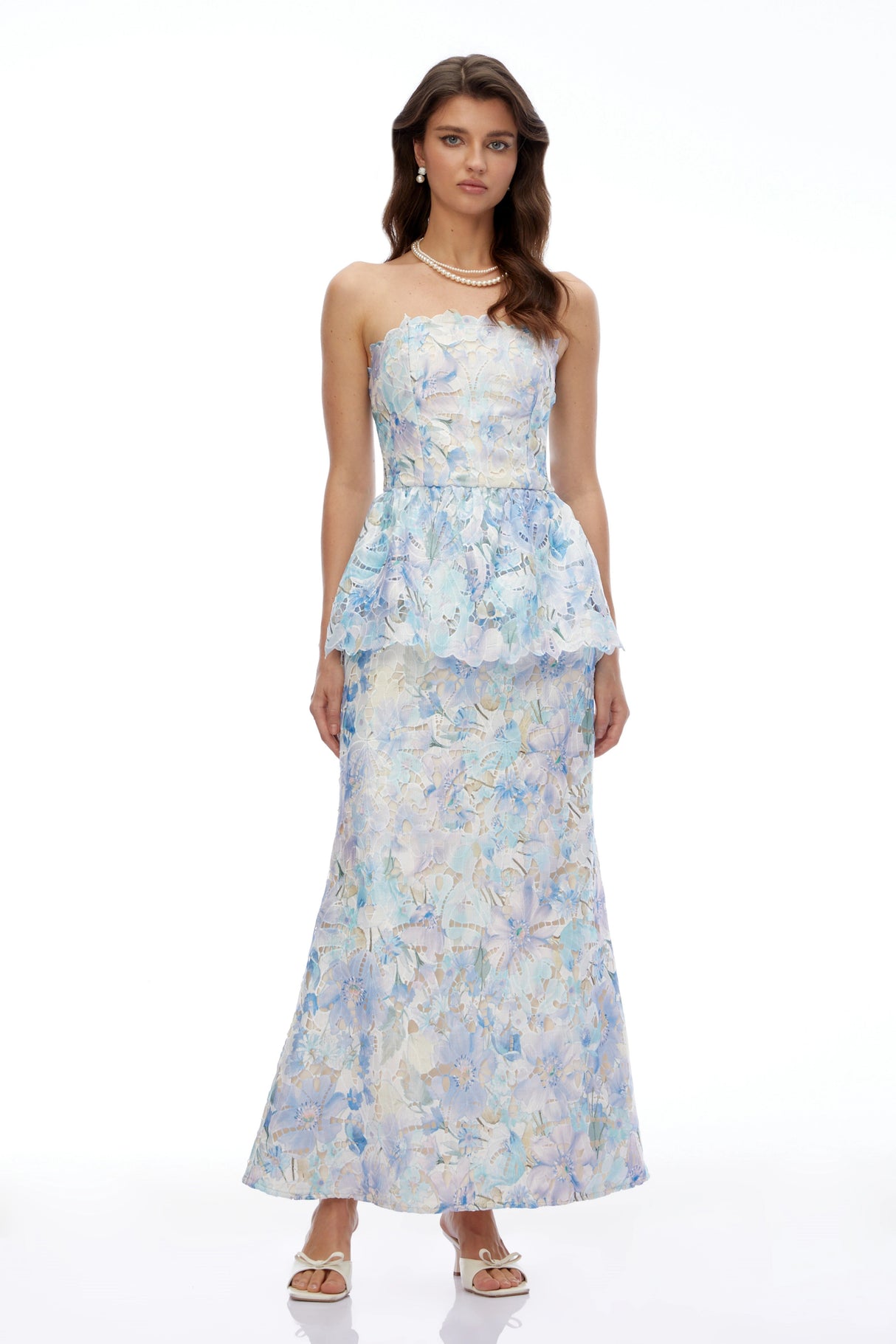 Celeste Blue Floral Strapless Peplum Maxi Dress