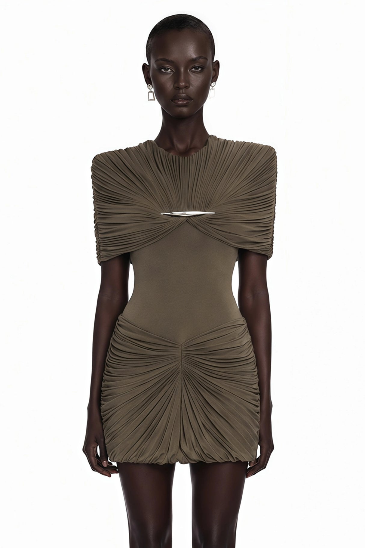 Celeste Chocolate Brown Pleated Cape Mini Dress