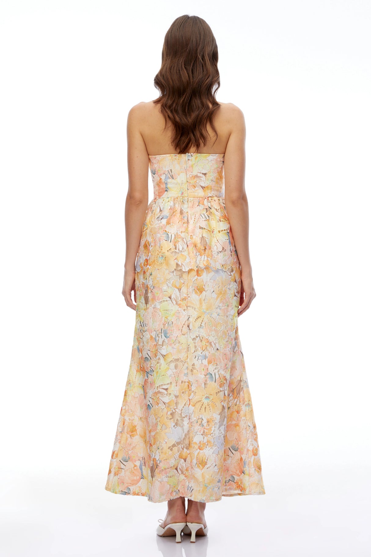 Celeste Orange Floral Strapless Peplum Maxi Dress
