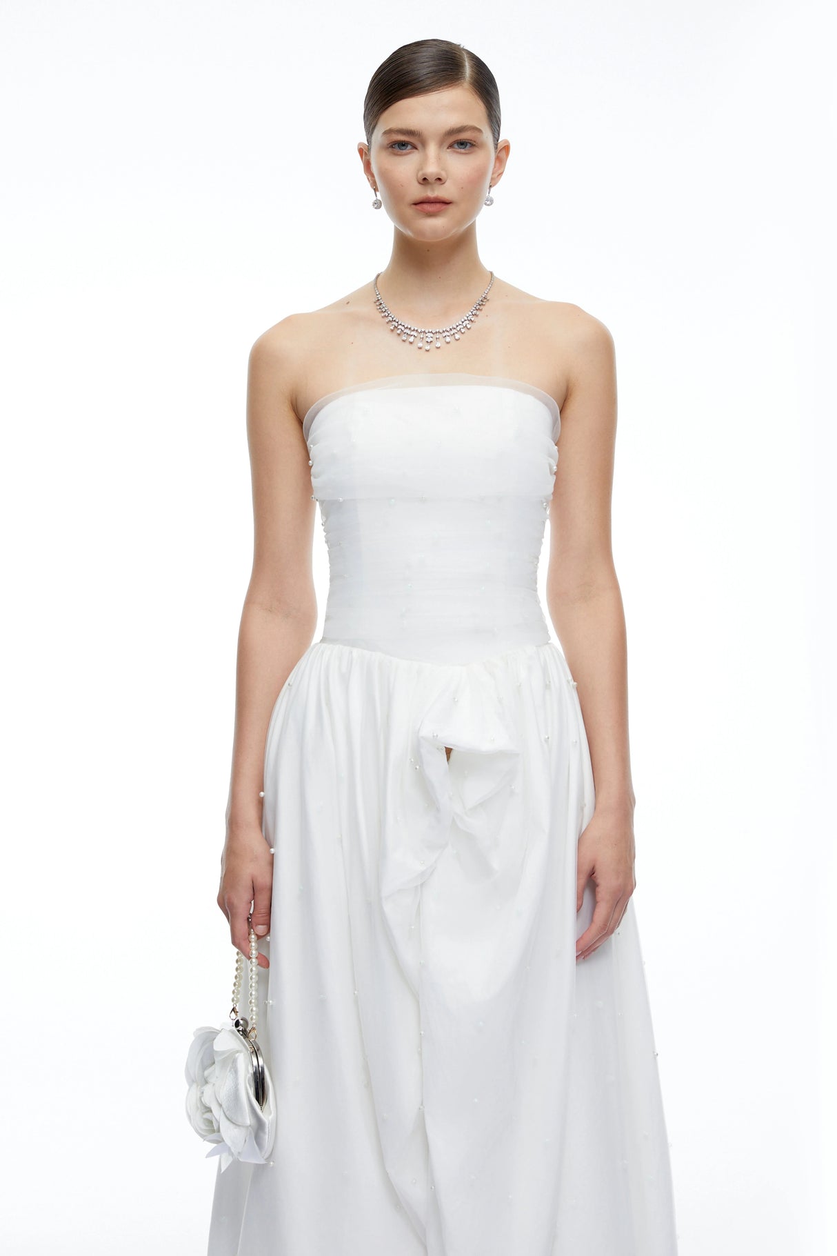 Celeste White Strapless Ruched Asymmetrical Maxi Dress