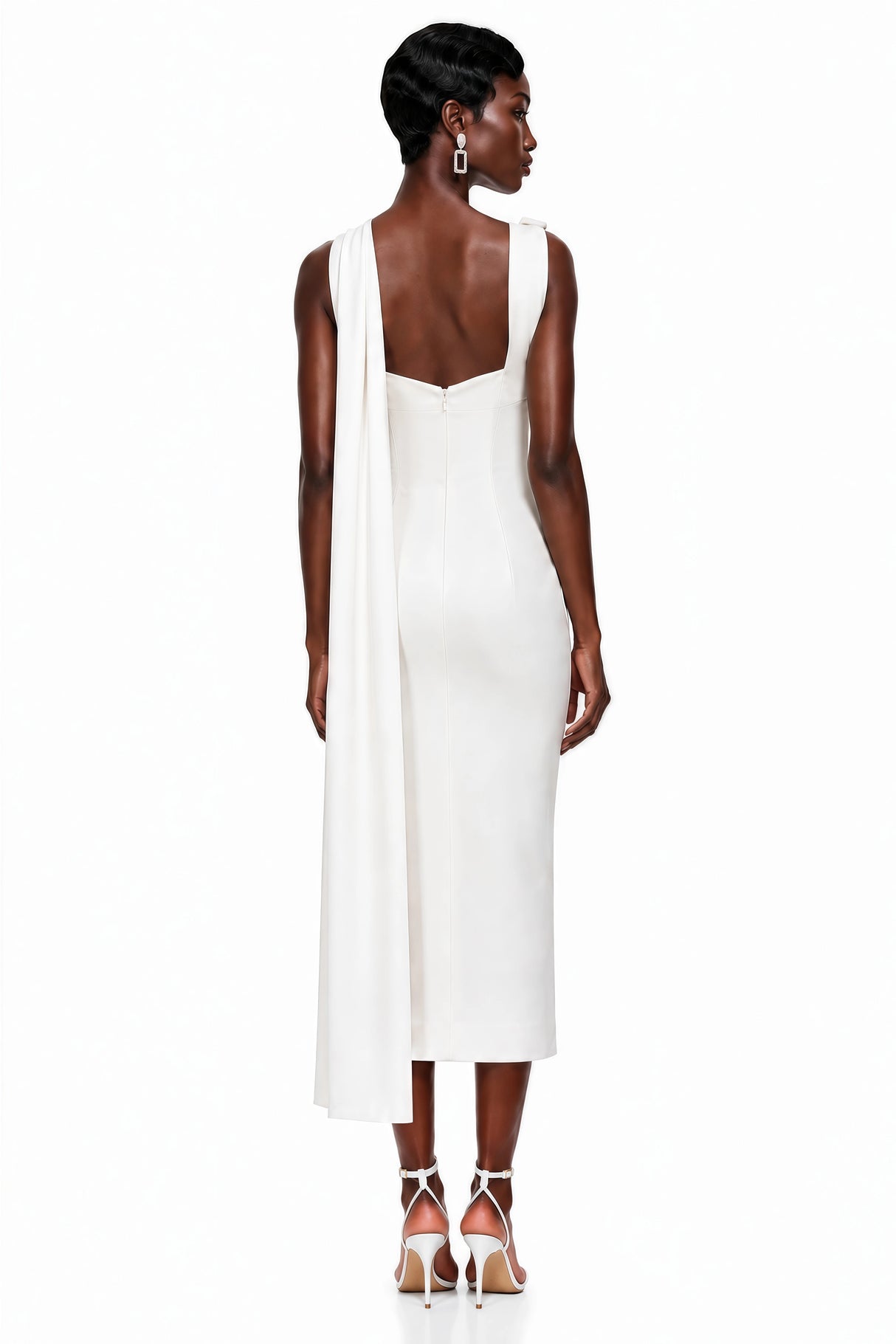 Cennet White One Shoulder Midi Dress with Cape