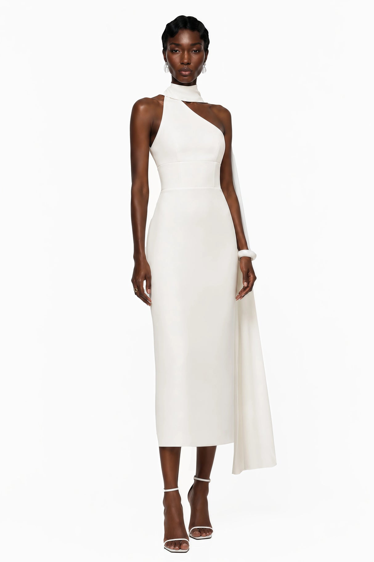 Cennet White One Shoulder Midi Dress with Cape