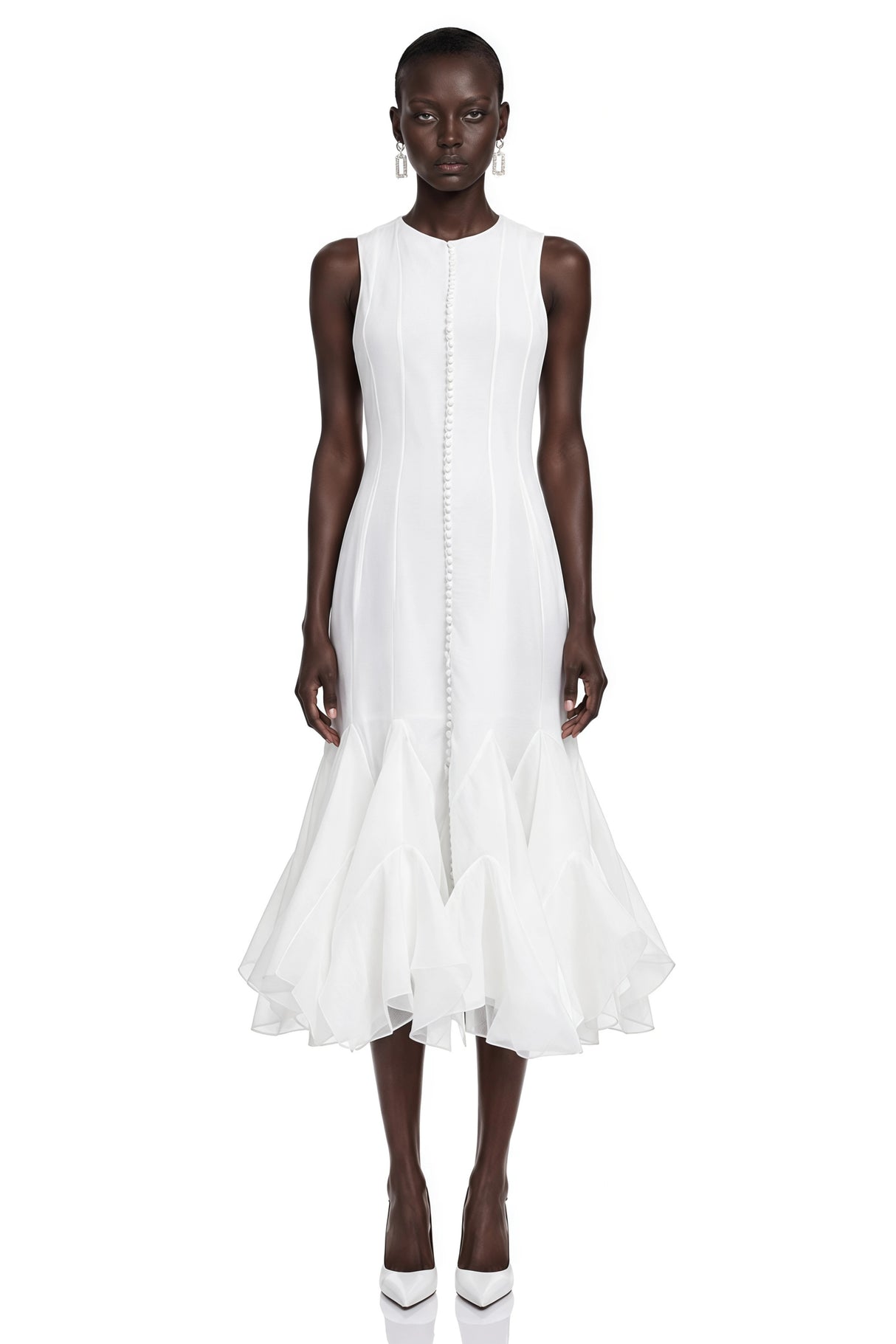 Cevher White Asymmetrical Midi Dress with Buttons
