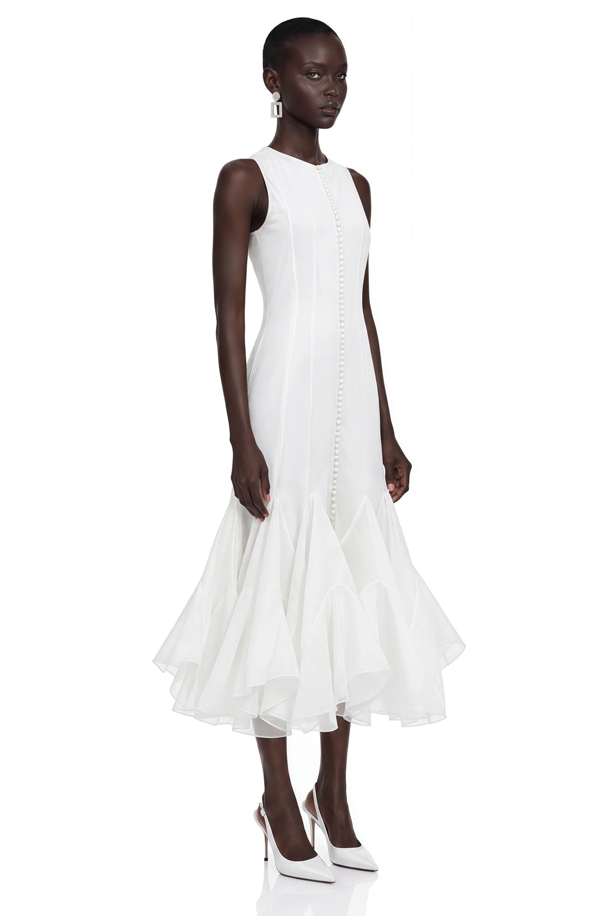 Cevher White Asymmetrical Midi Dress with Buttons