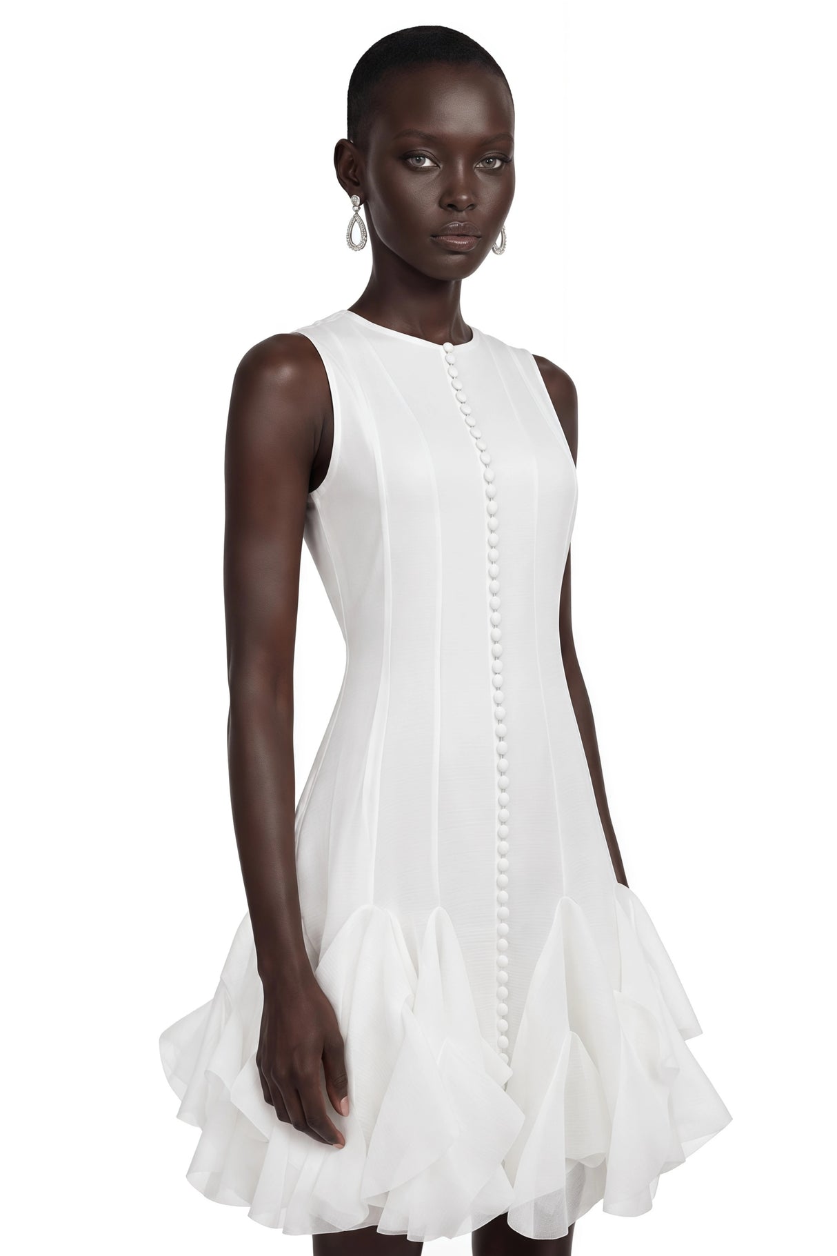 Cevher White Asymmetrical Mini Dress with Buttons