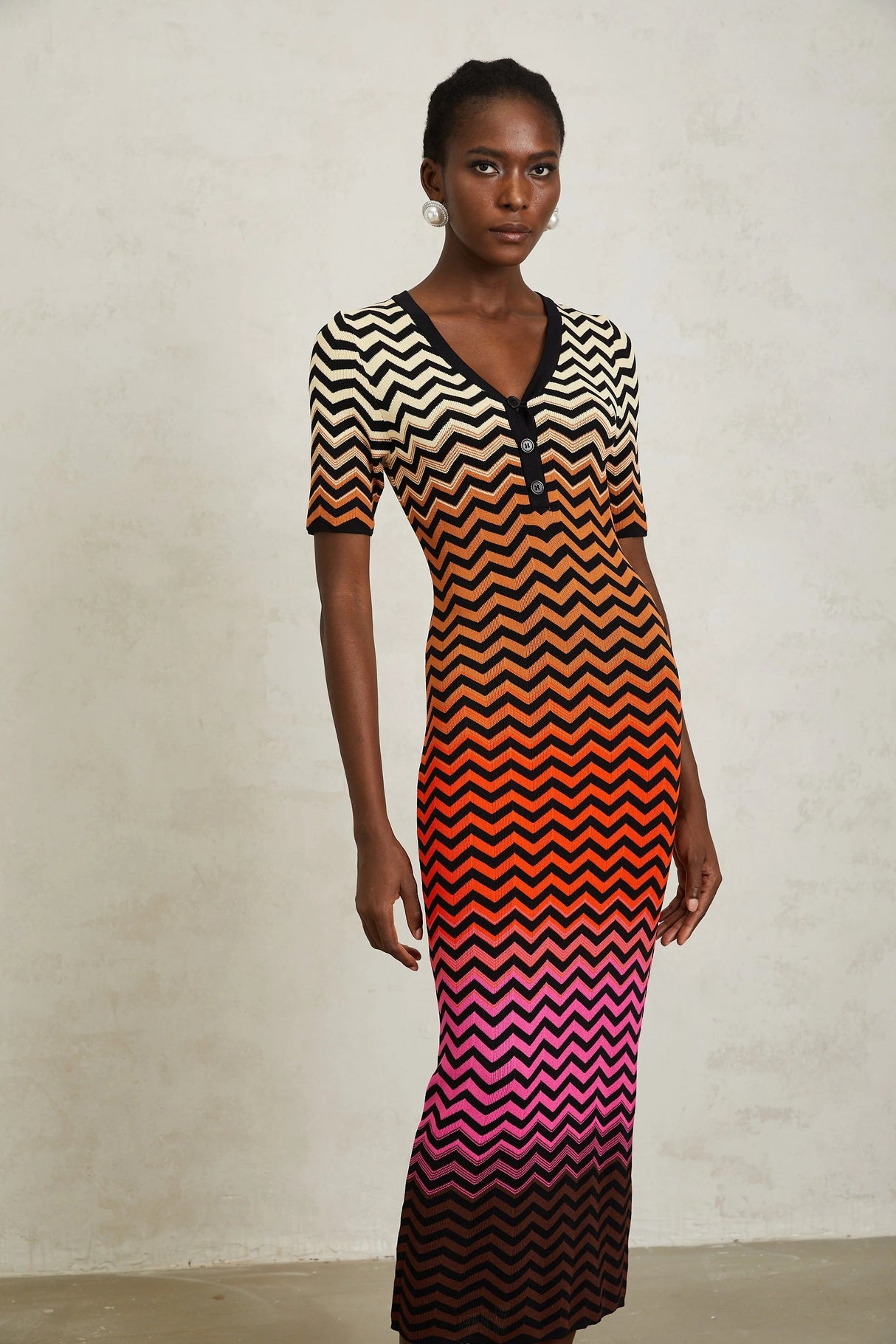 Charitina Brown Gradient Zigzag Knit Midi Dress
