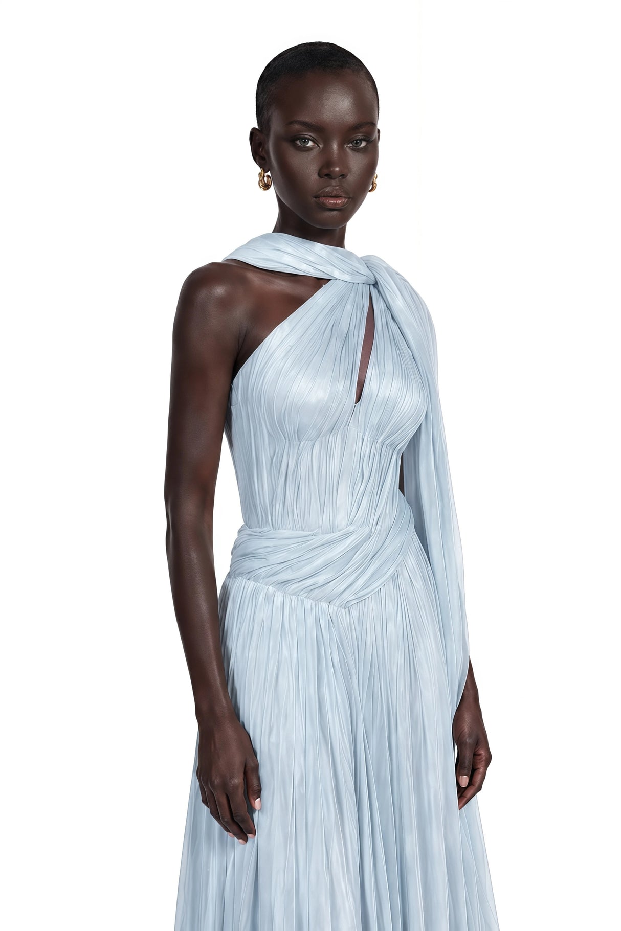 Chiara Blue Asymmetrical Pleated Maxi Dress
