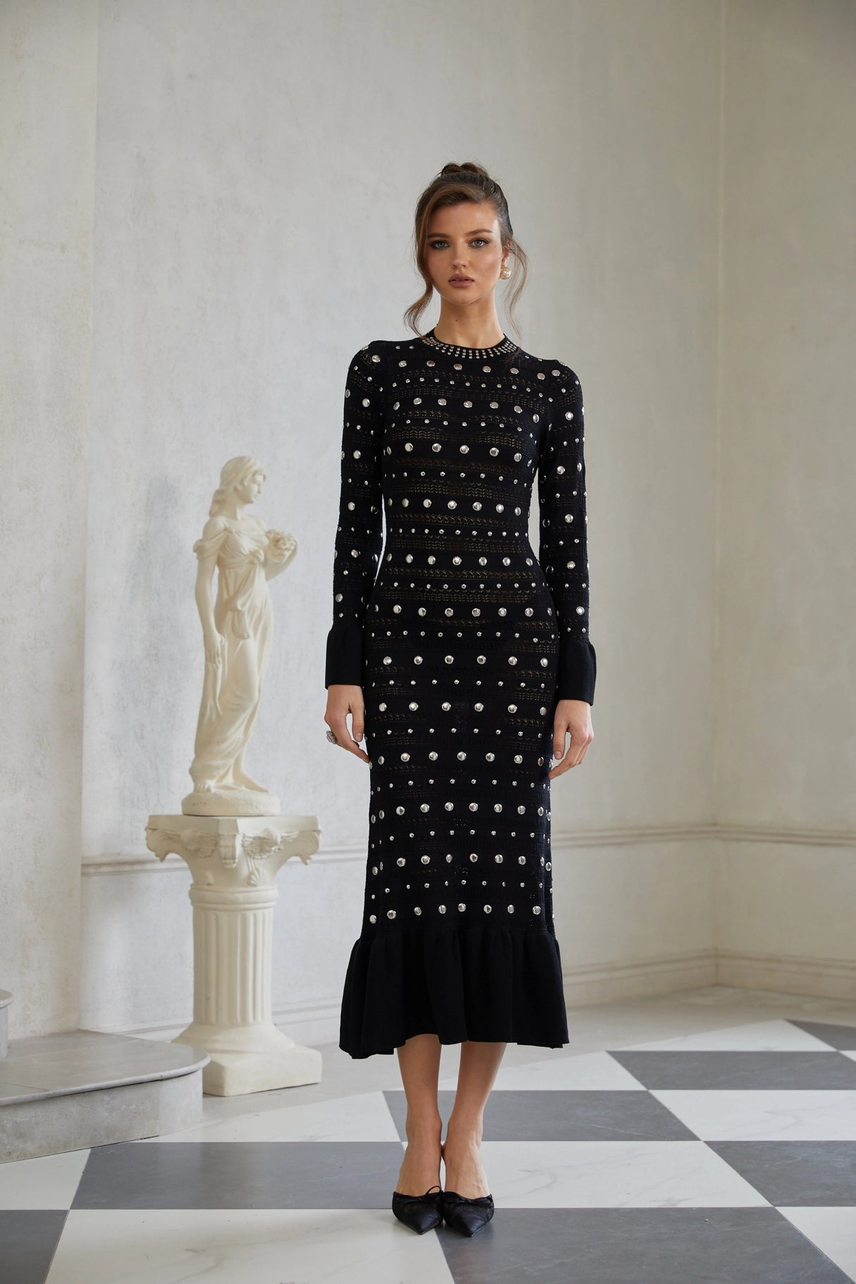 Chloé Black Long Sleeve Studded Crochet Knit Midi dress