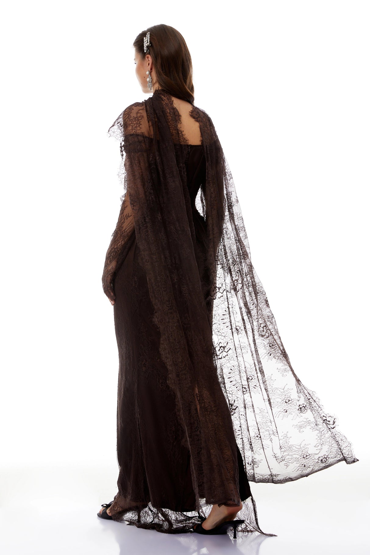 Christa Brown Floral Lace Maxi Dress with Cape