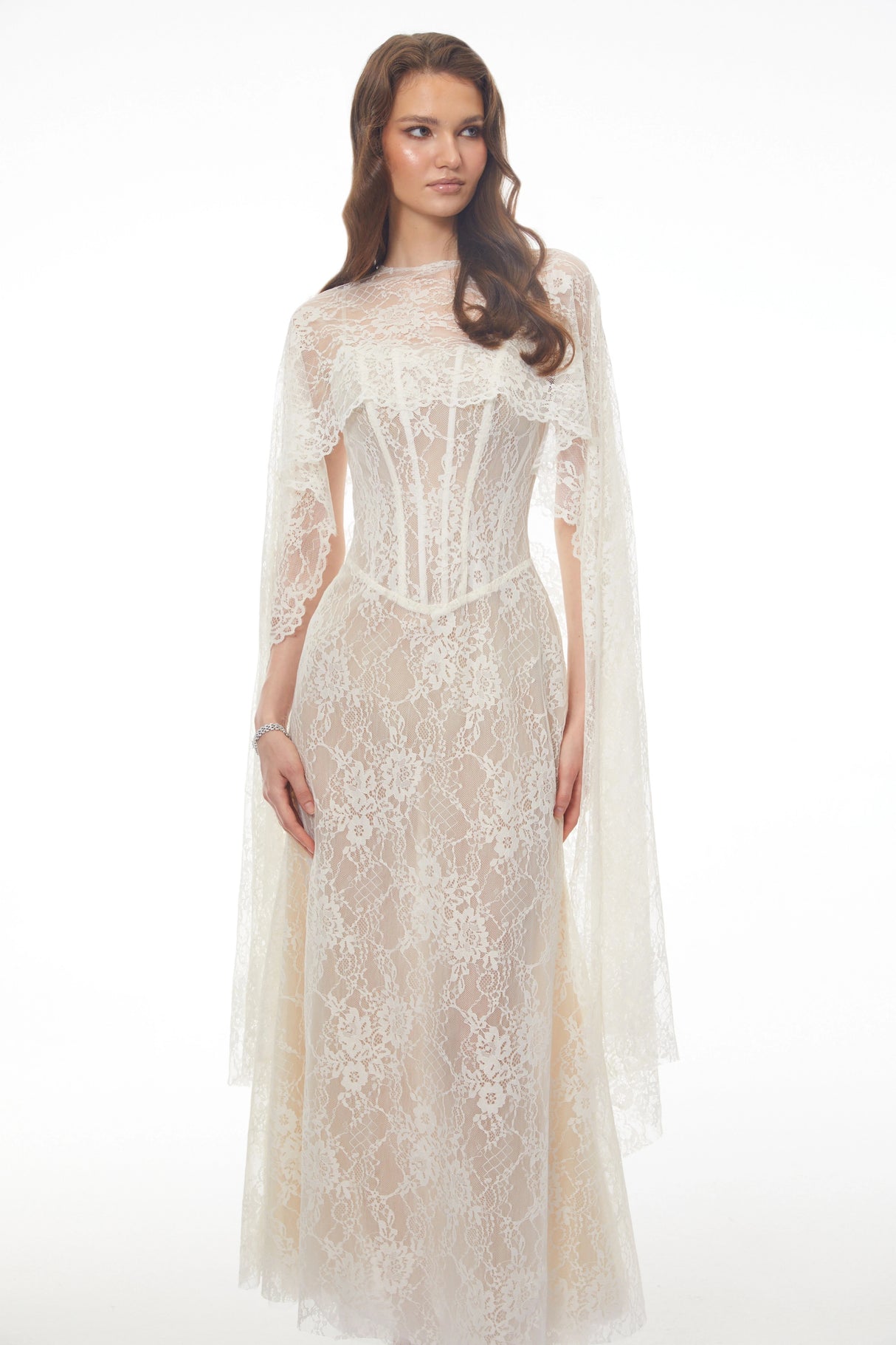Cinzia Beige Sweetheart Lace Maxi Dress