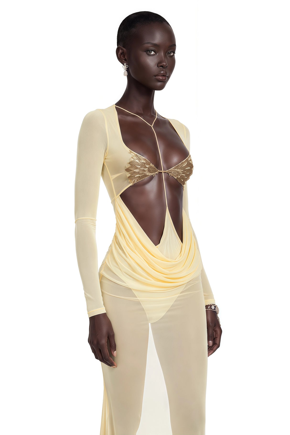 Cressida Yellow CutOut SemiSheer Fishtail Maxi Dress