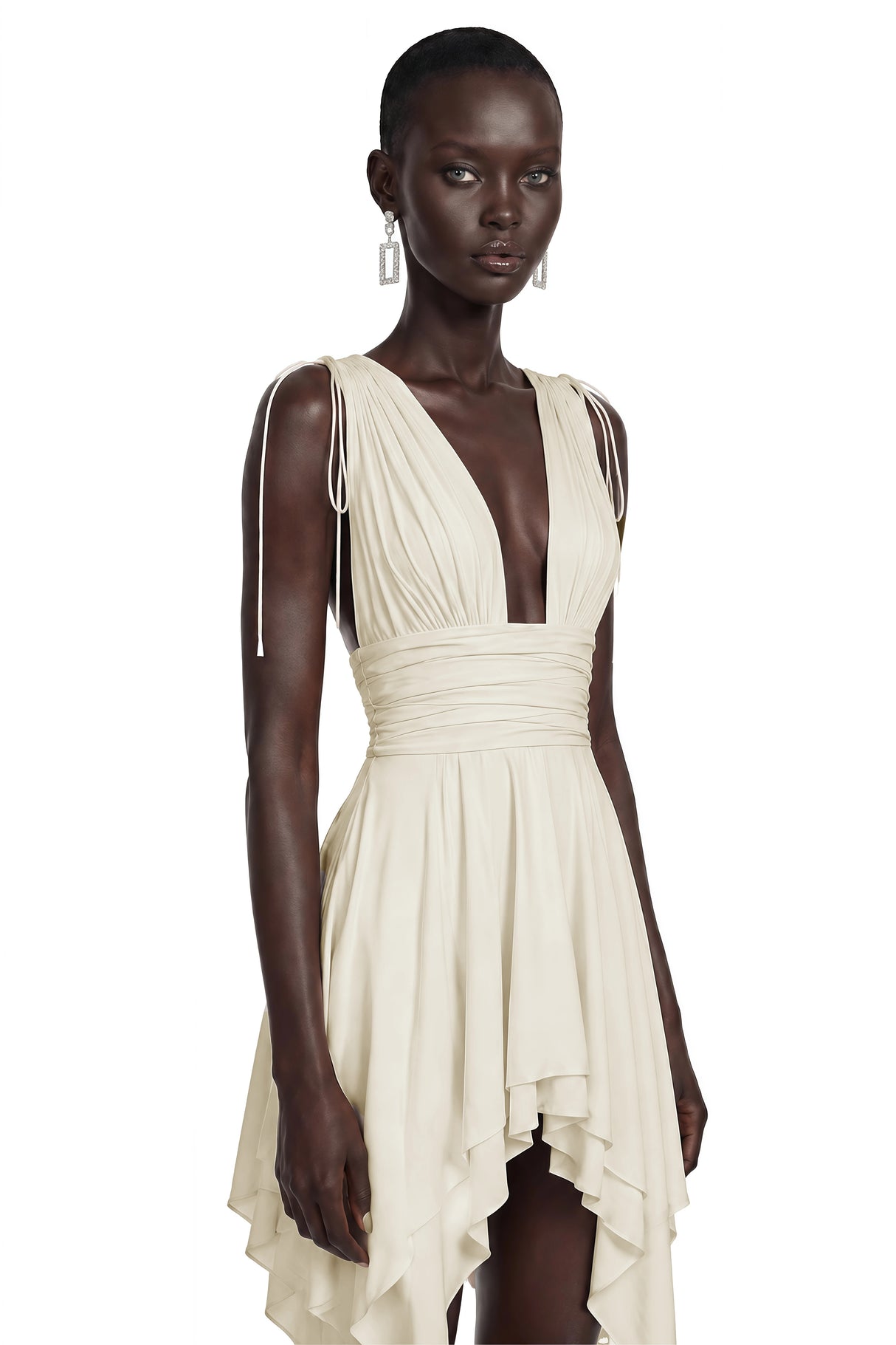 Damla Neutral Asymmetrical Ruched Mini Dress