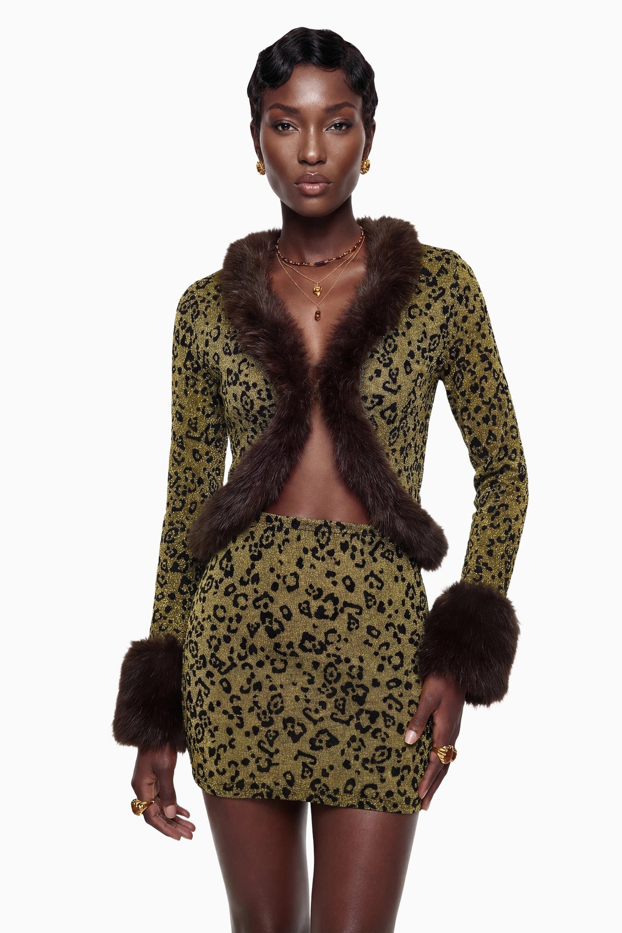 Danica Yellow Fur Trim Leopard Top Skirt Set