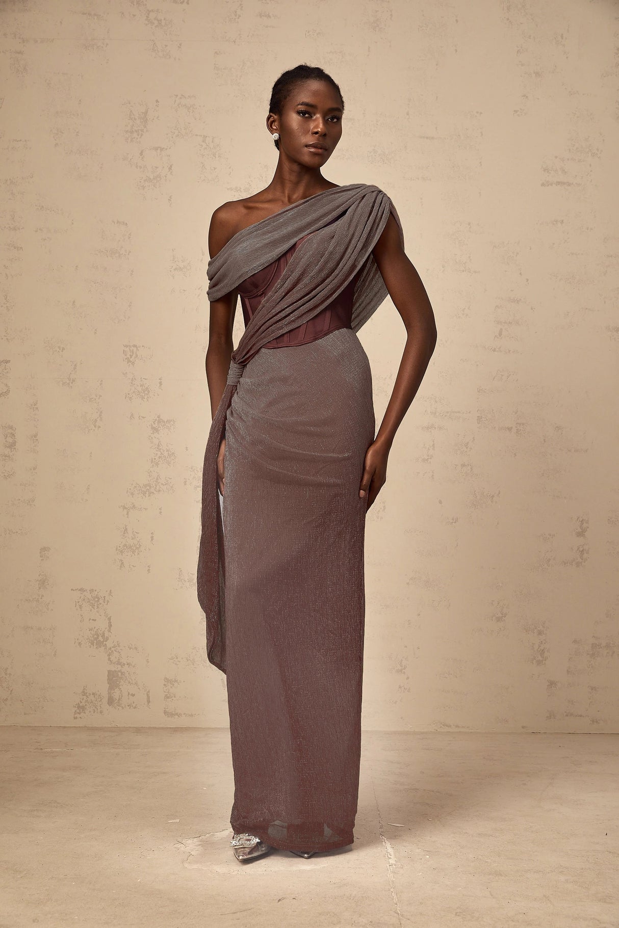 Delphine ribbondesign corset maxi dress in Brown