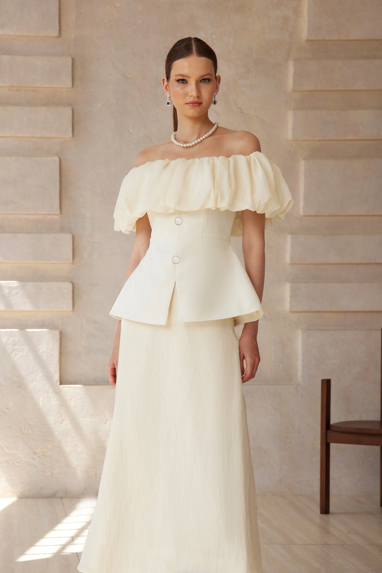 Dianthe White Off Shoulder Shirred Top Skirt Set