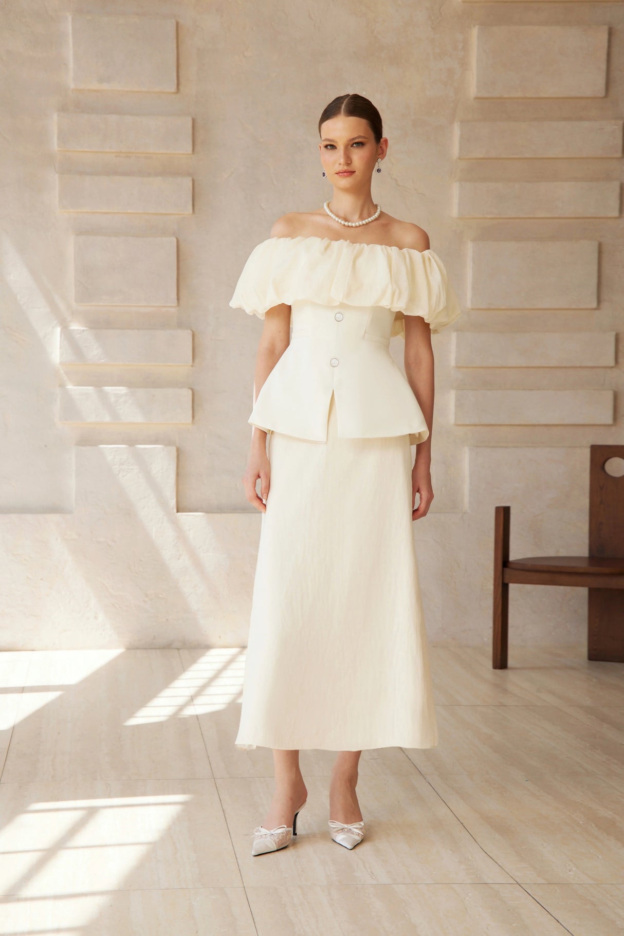 Dianthe White Off Shoulder Shirred Top Skirt Set