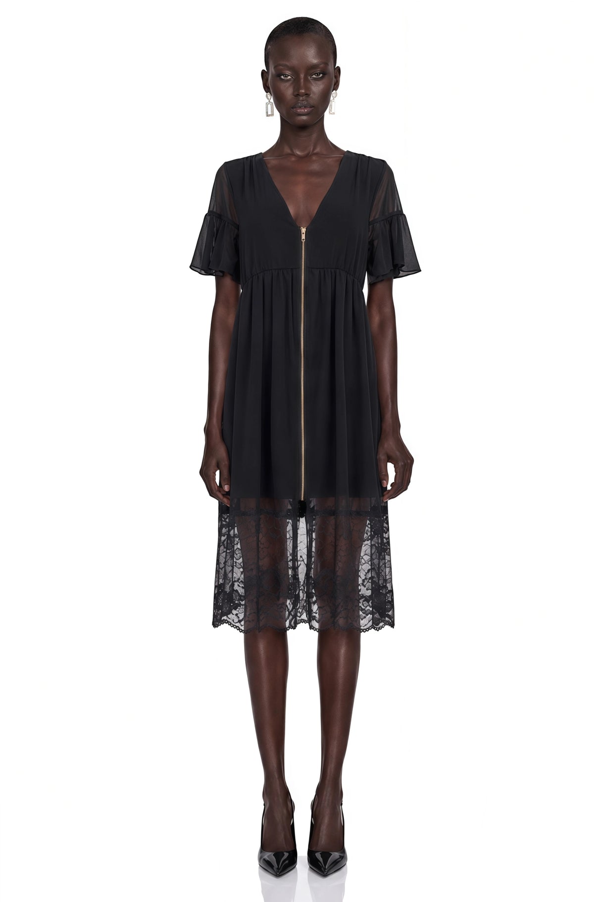 Domenica Black Ruffled Midi Dress with Lace Trim