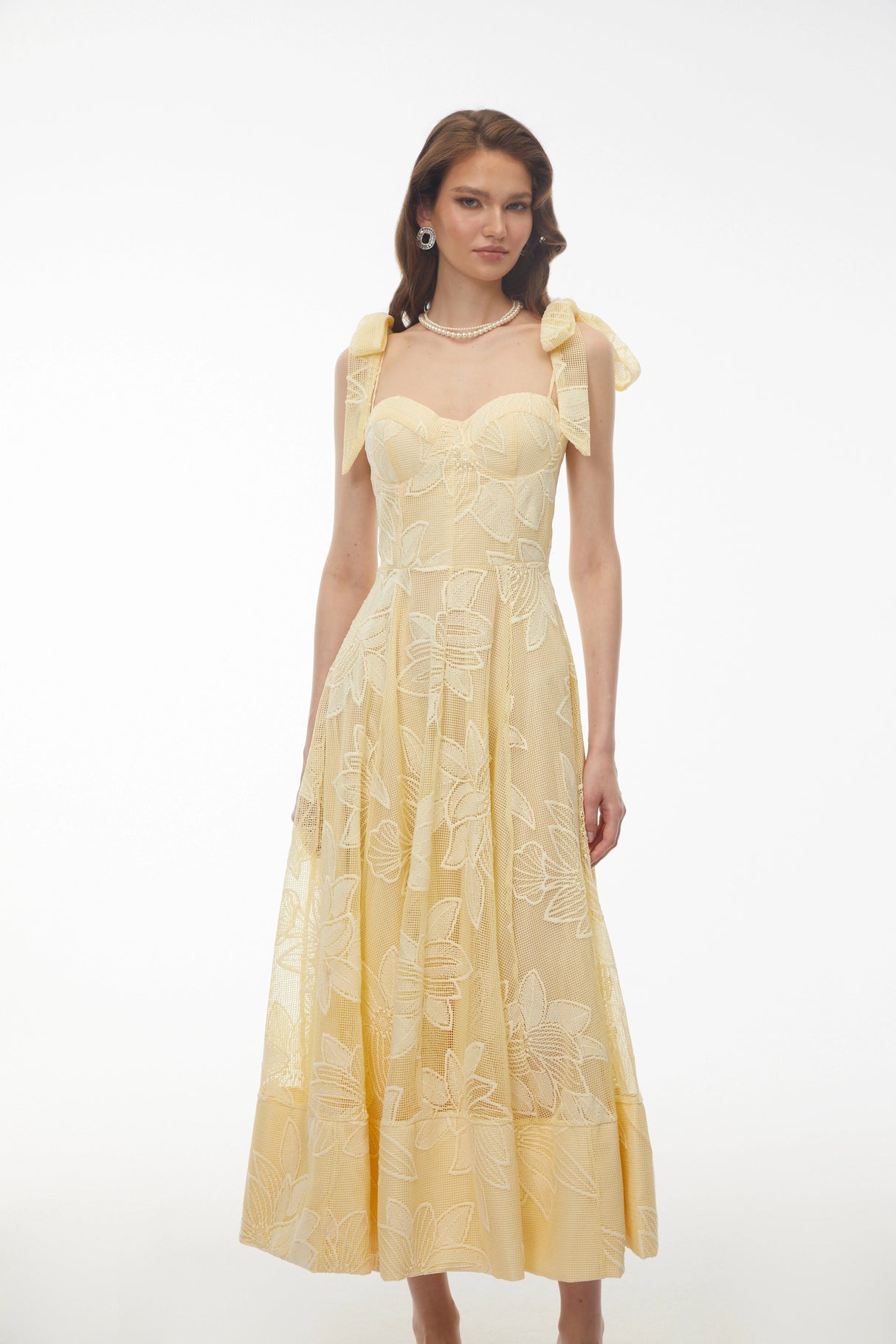Doris Butter Yellow Sweetheart Floral Embroidered Maxi Dress