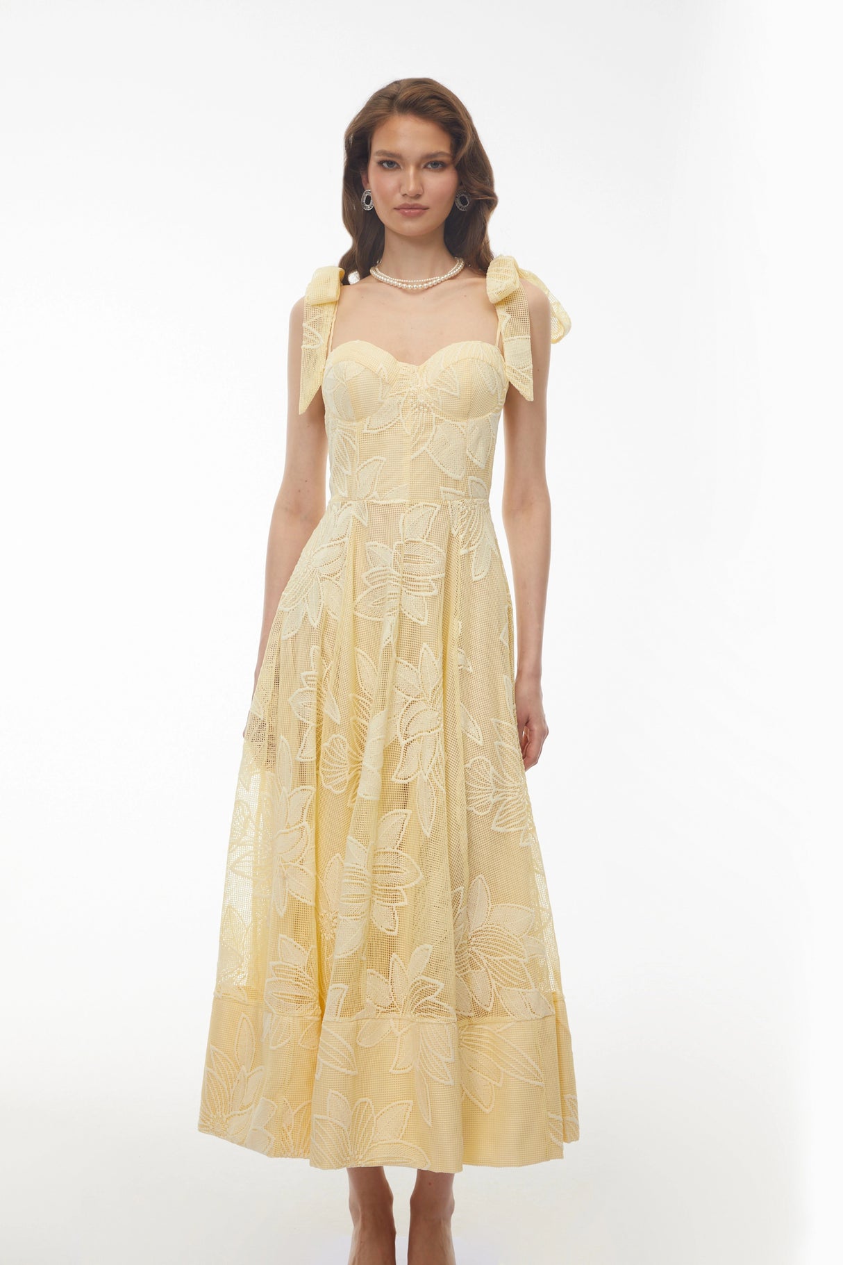 Doris Butter Yellow Sweetheart Floral Embroidered Maxi Dress