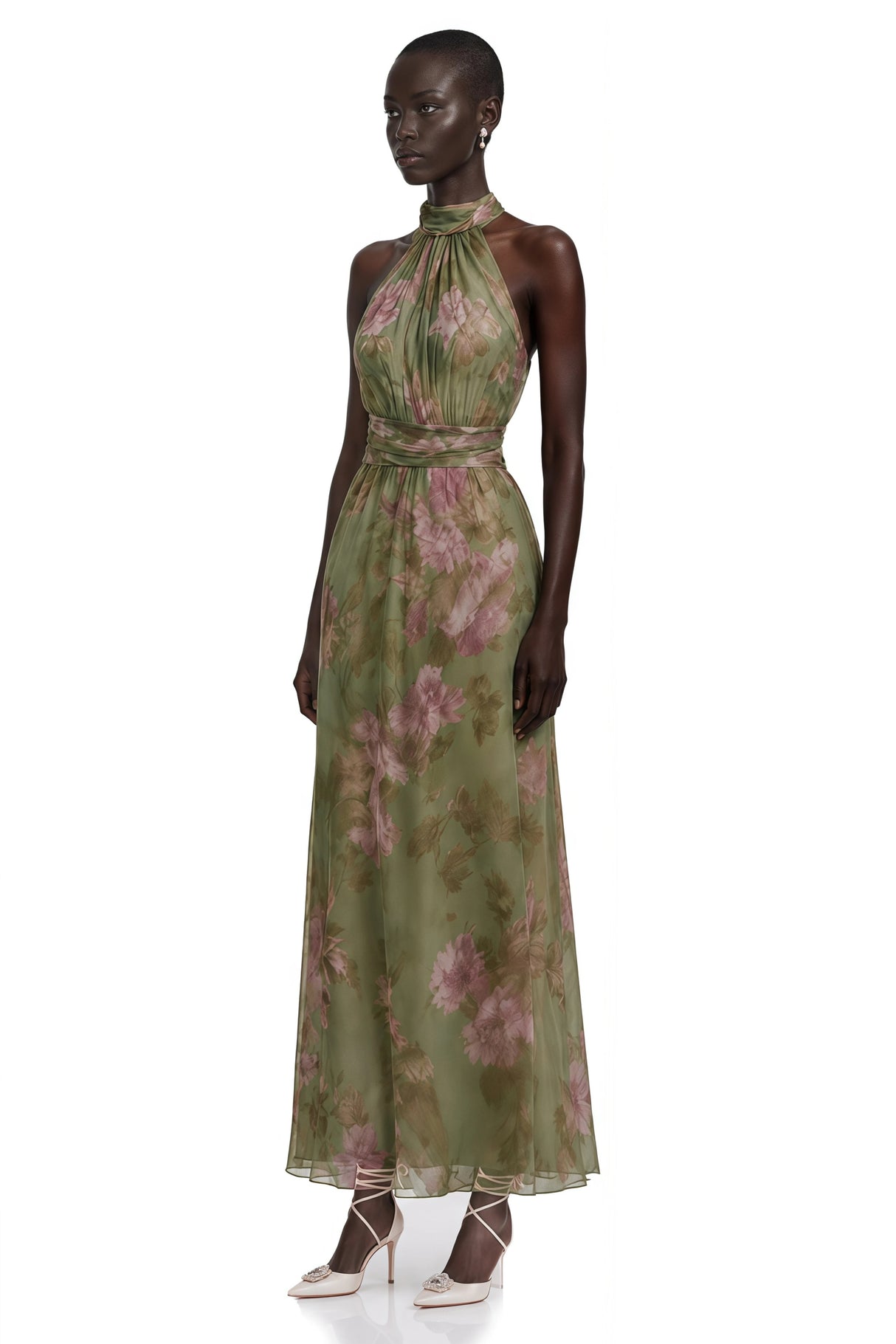 Ecem Green Mock Neck Ruched Maxi Dress with Floral Print