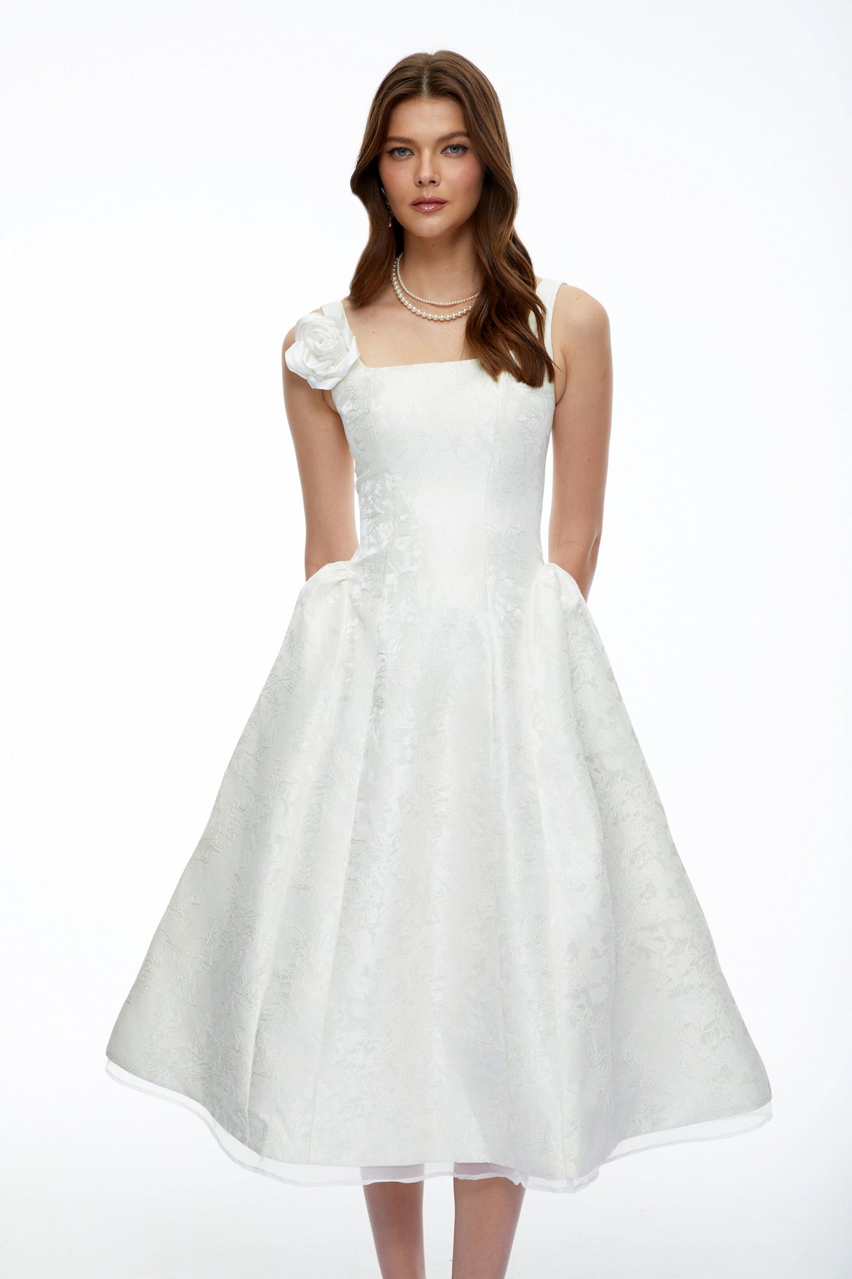 Edwina White Square Neck Floral Midi Dress