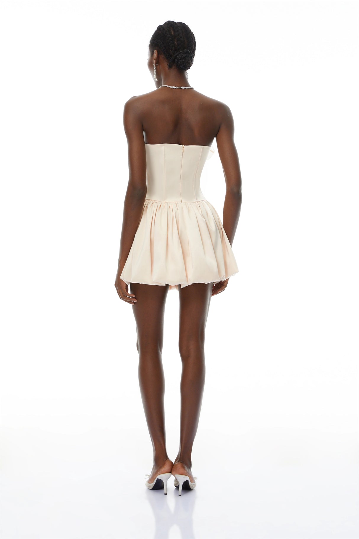 Eira Neutral Strapless Bubble Hem Mini Dress