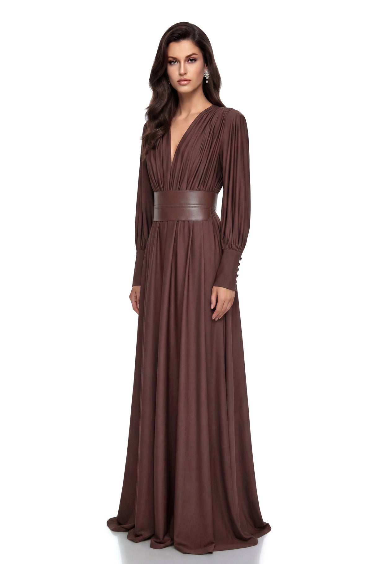 Eleanore Chocolate Brown VNeck Ruched Maxi Dress