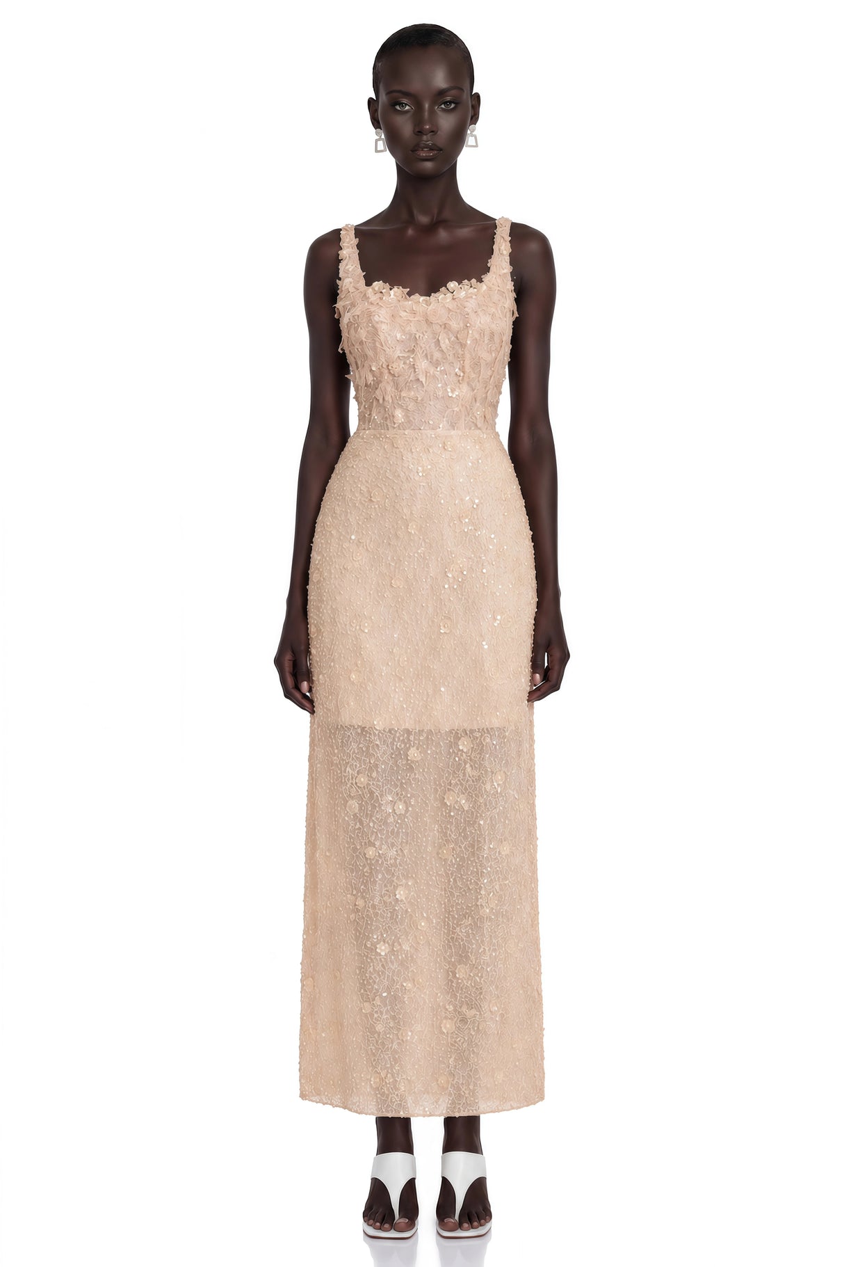 Elena Neutral Sequined Lace Maxi Dress