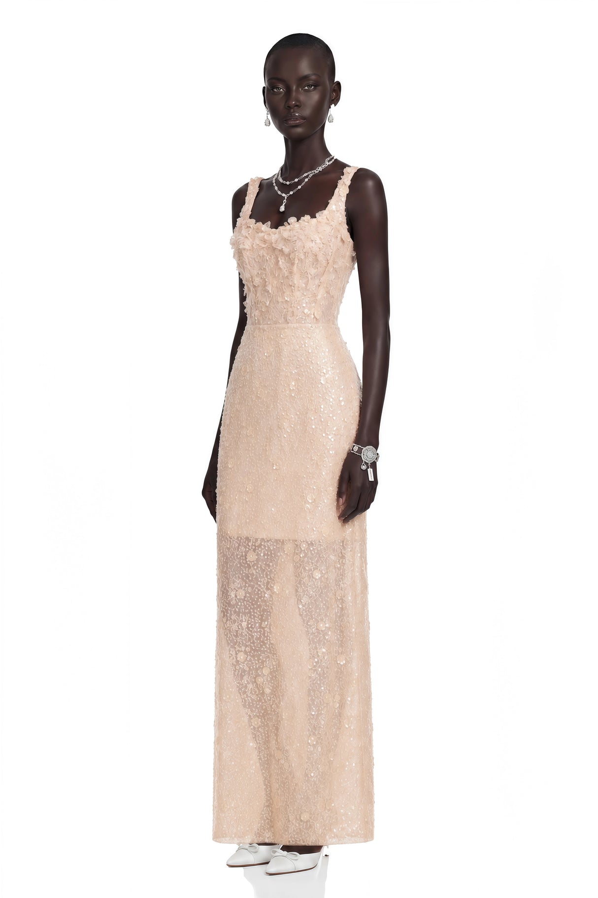 Elena Neutral Sequined Lace Maxi Dress