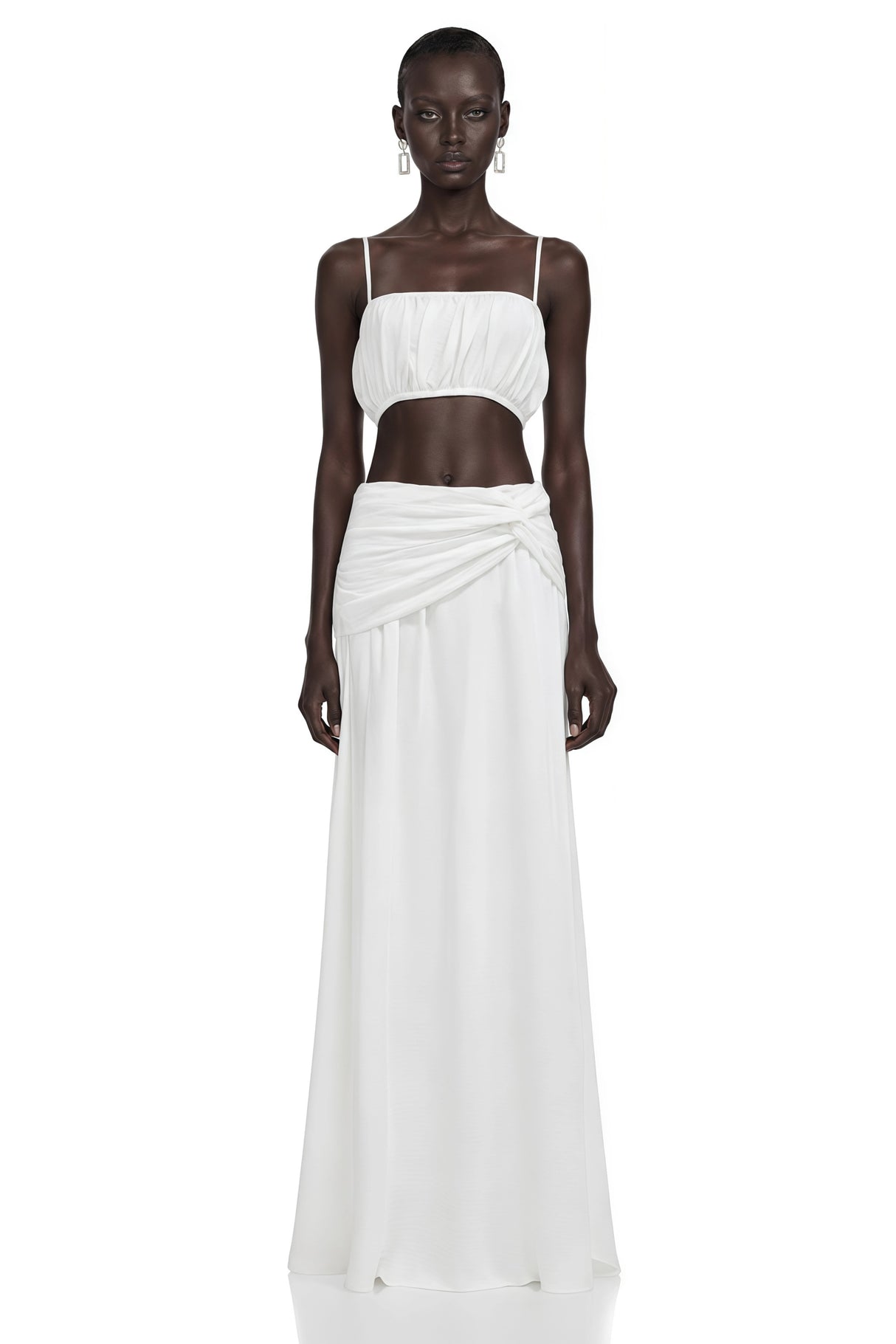 Elodie White Ruched Crop Top Draped Skirt Set