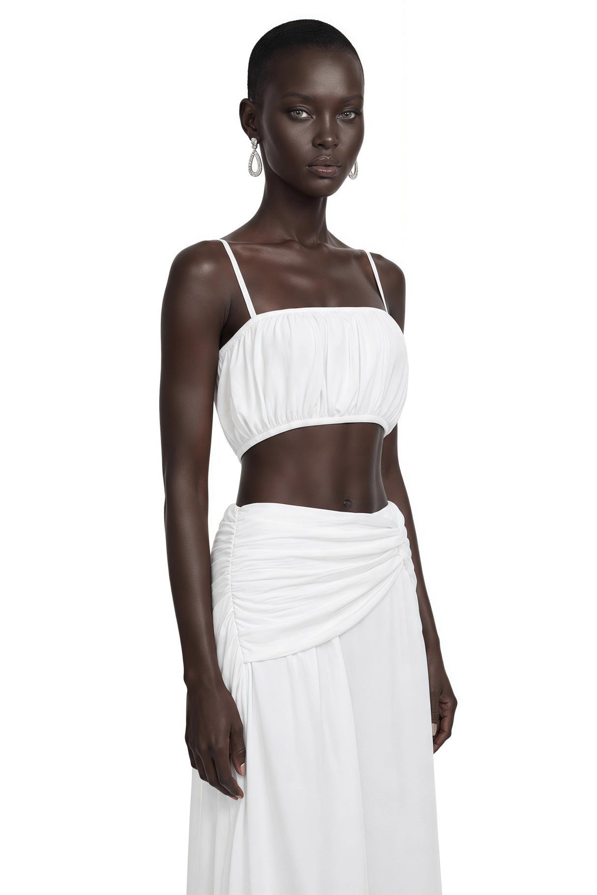 Elodie White Ruched Crop Top Draped Skirt Set