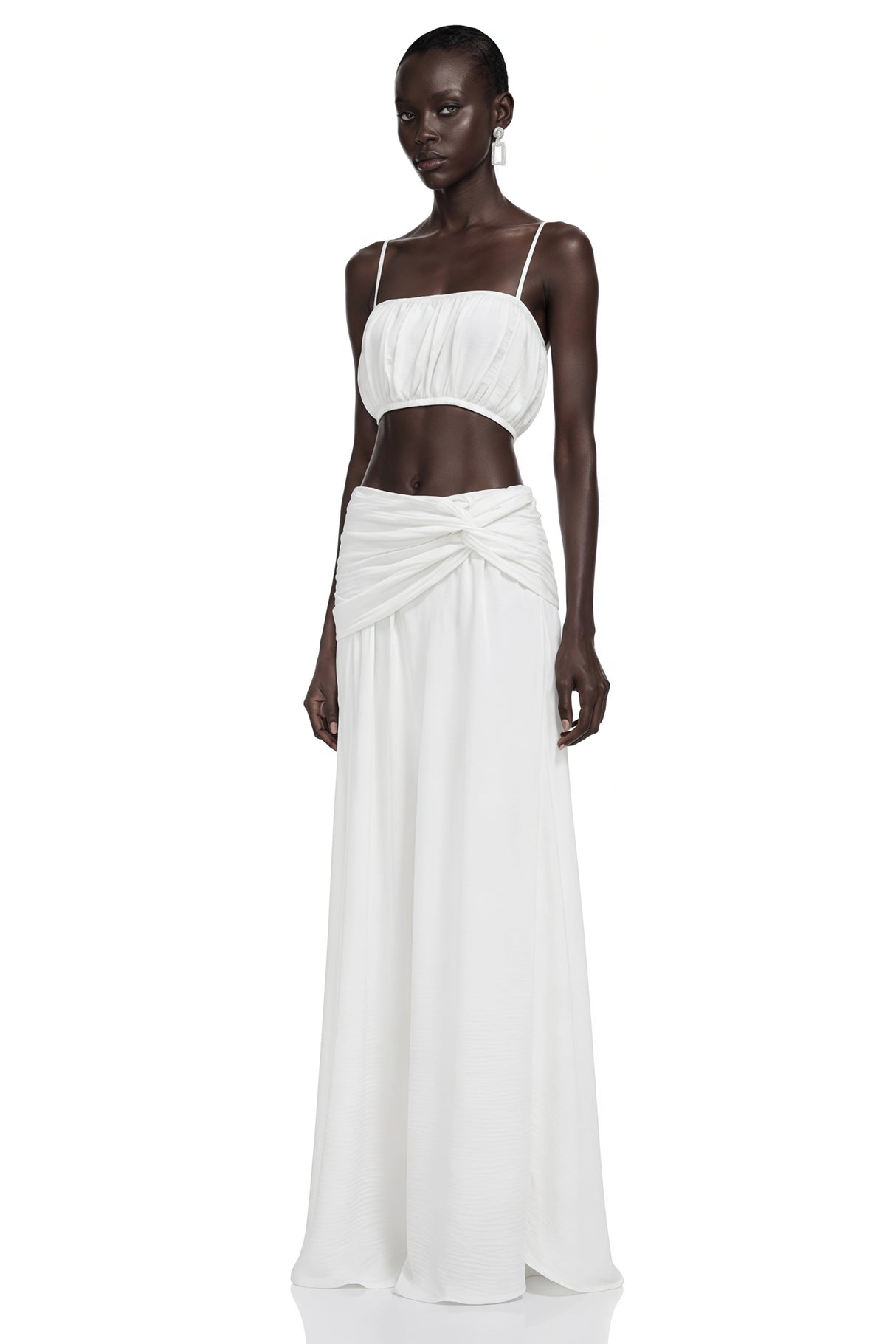 Elodie White Ruched Crop Top Draped Skirt Set