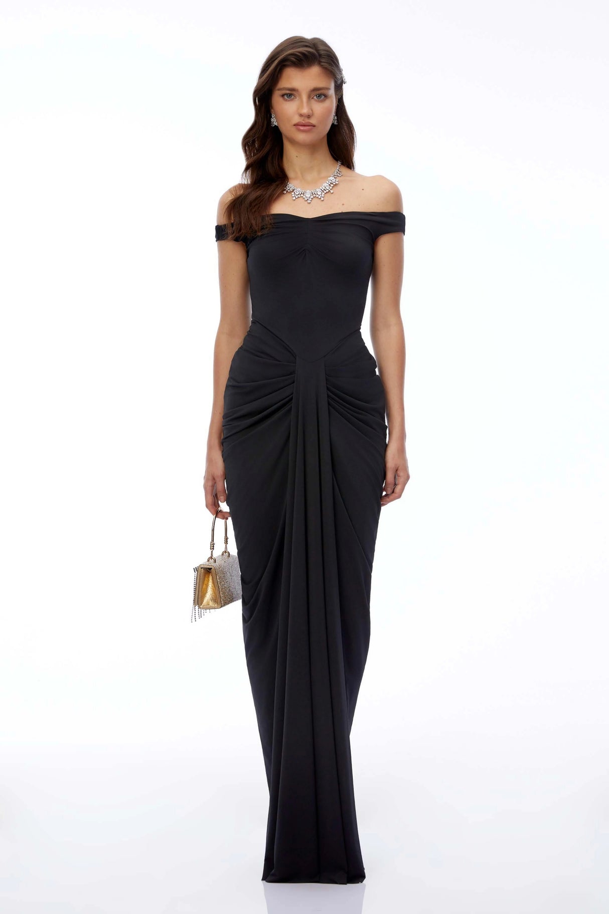 Eloise Black Off Shoulder Ruched Maxi Dress