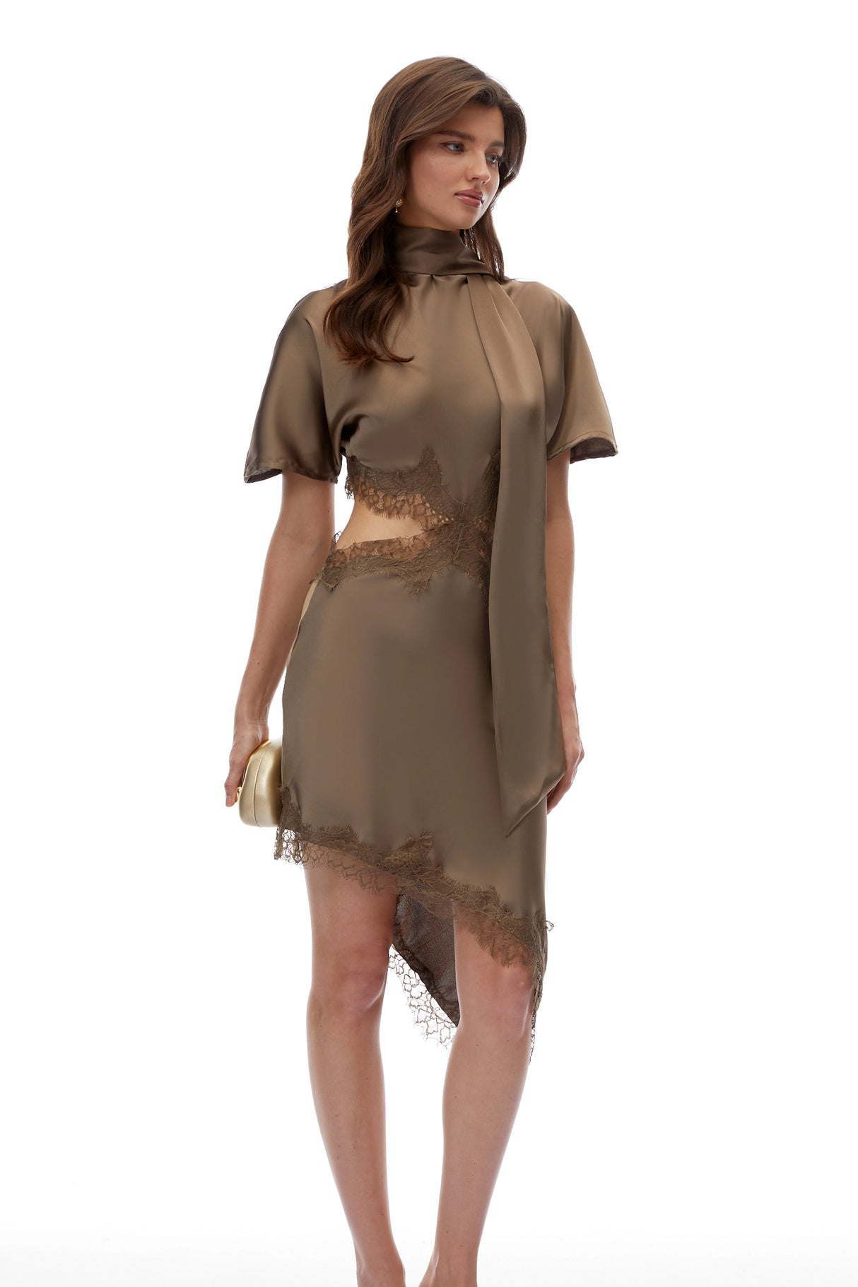 Ema Green Asymmetrical Mini Dress with Lace Trim