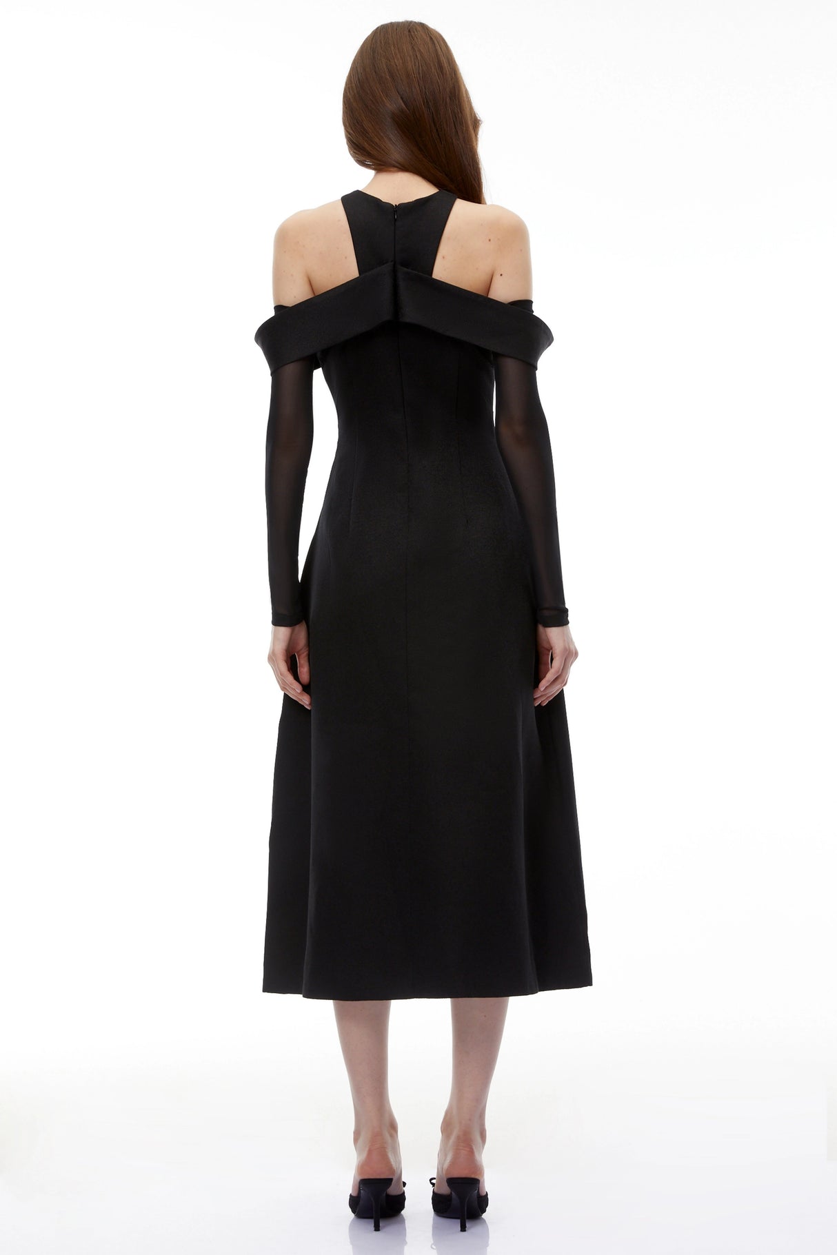Erika Black Cold Shoulder Draped Midi Dress