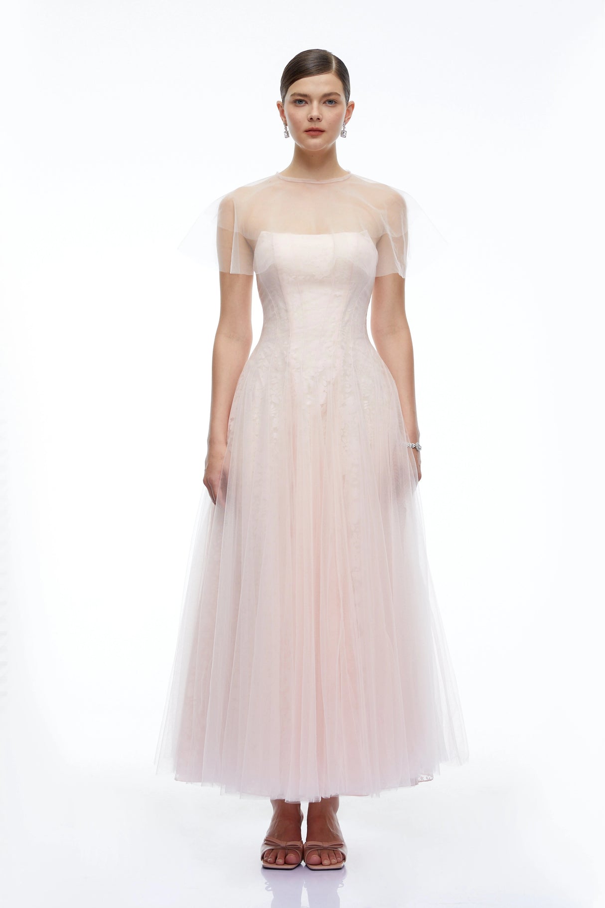 Eulalie Pink Tulle Maxi Dress With Shawl