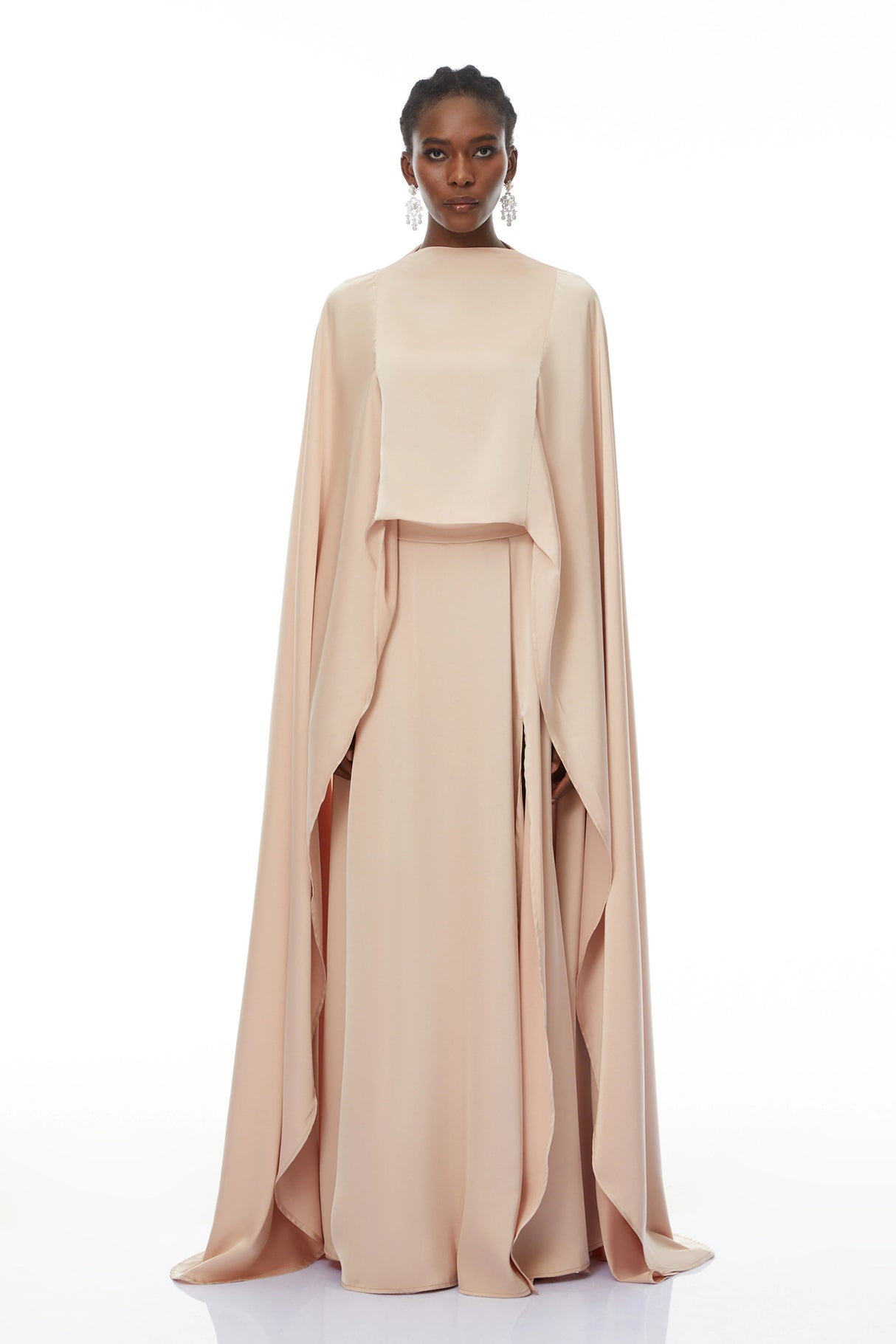 Everleigh Champagne Satin Top Skirt Set With Cape Detail