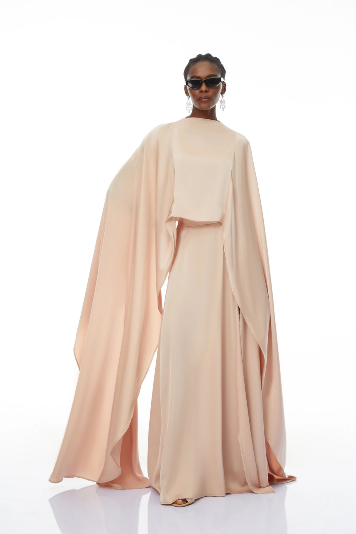 Everleigh Champagne Satin Top Skirt Set With Cape Detail