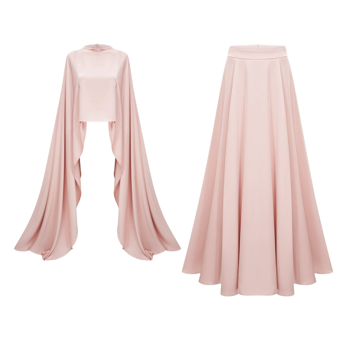 Everleigh Champagne Satin Top Skirt Set With Cape Detail