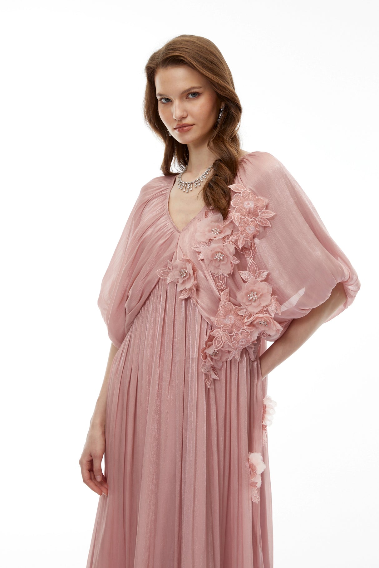 Faina Pink Ruched Maxi Dress with 3D Florals